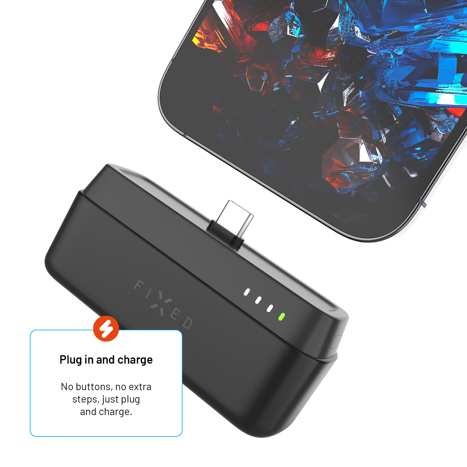 Power bank nera Fixed con connettore USB-C fluttua davanti a uno smartphone con display colorato.