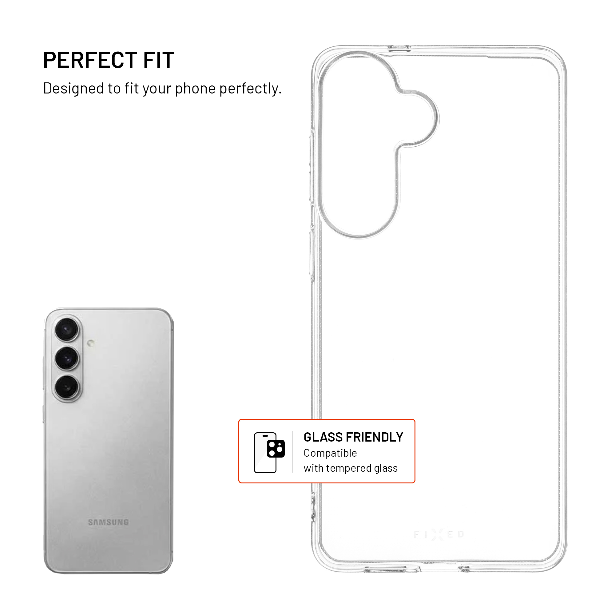 Transparente Schutzhülle und silbernes Smartphone mit Text PERFECT FIT.