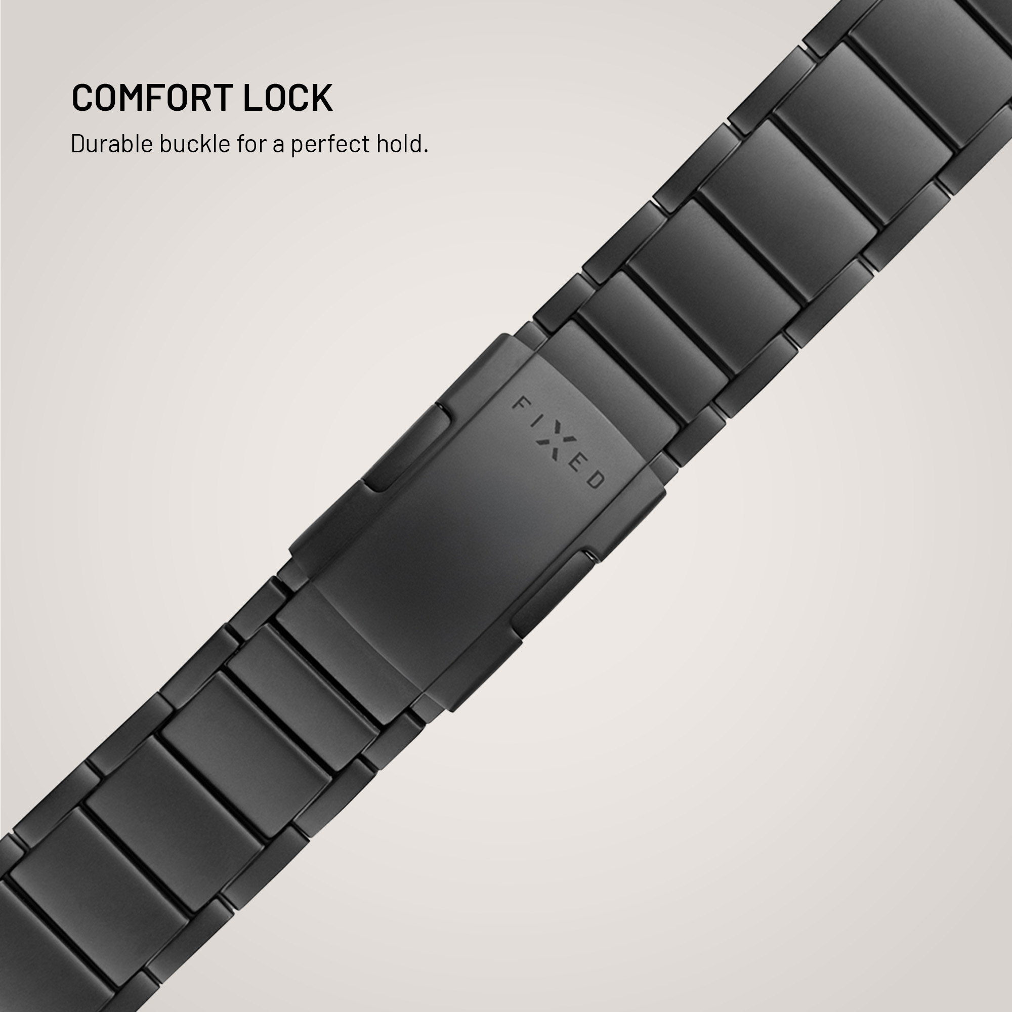 Schwarzes Uhrenarmband aus Metall mit Verschluss und dem Text COMFORT LOCK auf hellem Hintergrund.