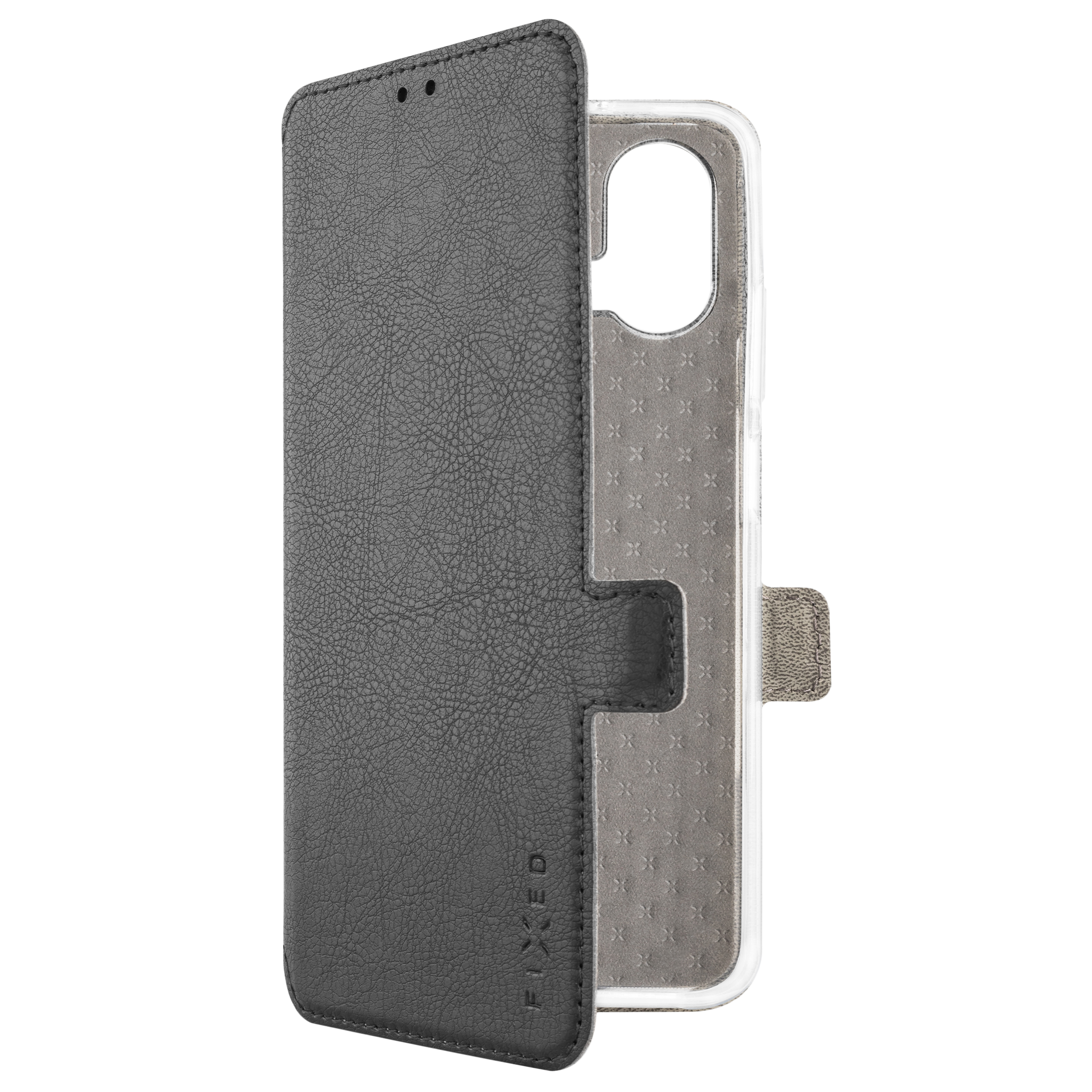 Eine graue Kunstleder-Klapphülle für ein Smartphone mit transparenter Rückseite und geprägtem Logo.
