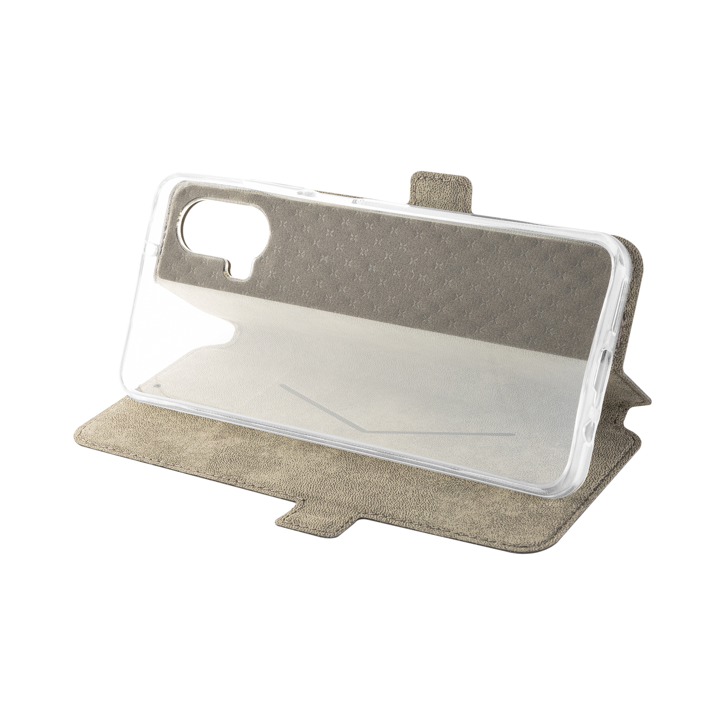 Eine taupefarbene Handy-Klapphülle aus Leder mit klarer Rückseite und Kartenfach auf weißem Hintergrund.