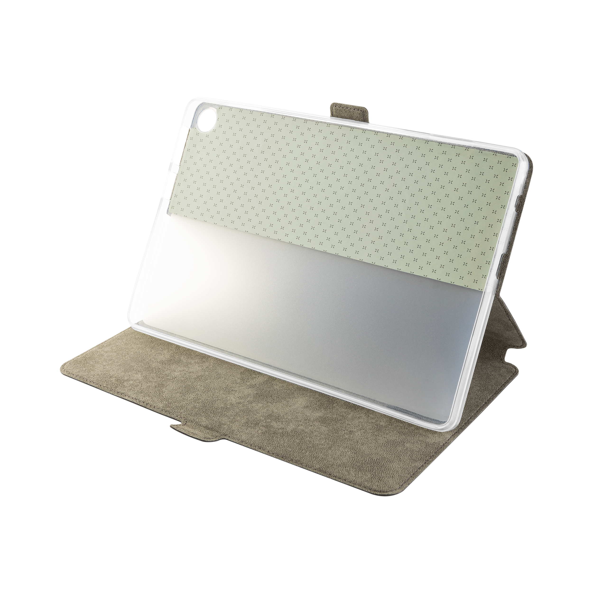 Ein Tablet in einer grauen Schutzhülle mit Muster, aufgestellt auf weißem Hintergrund.