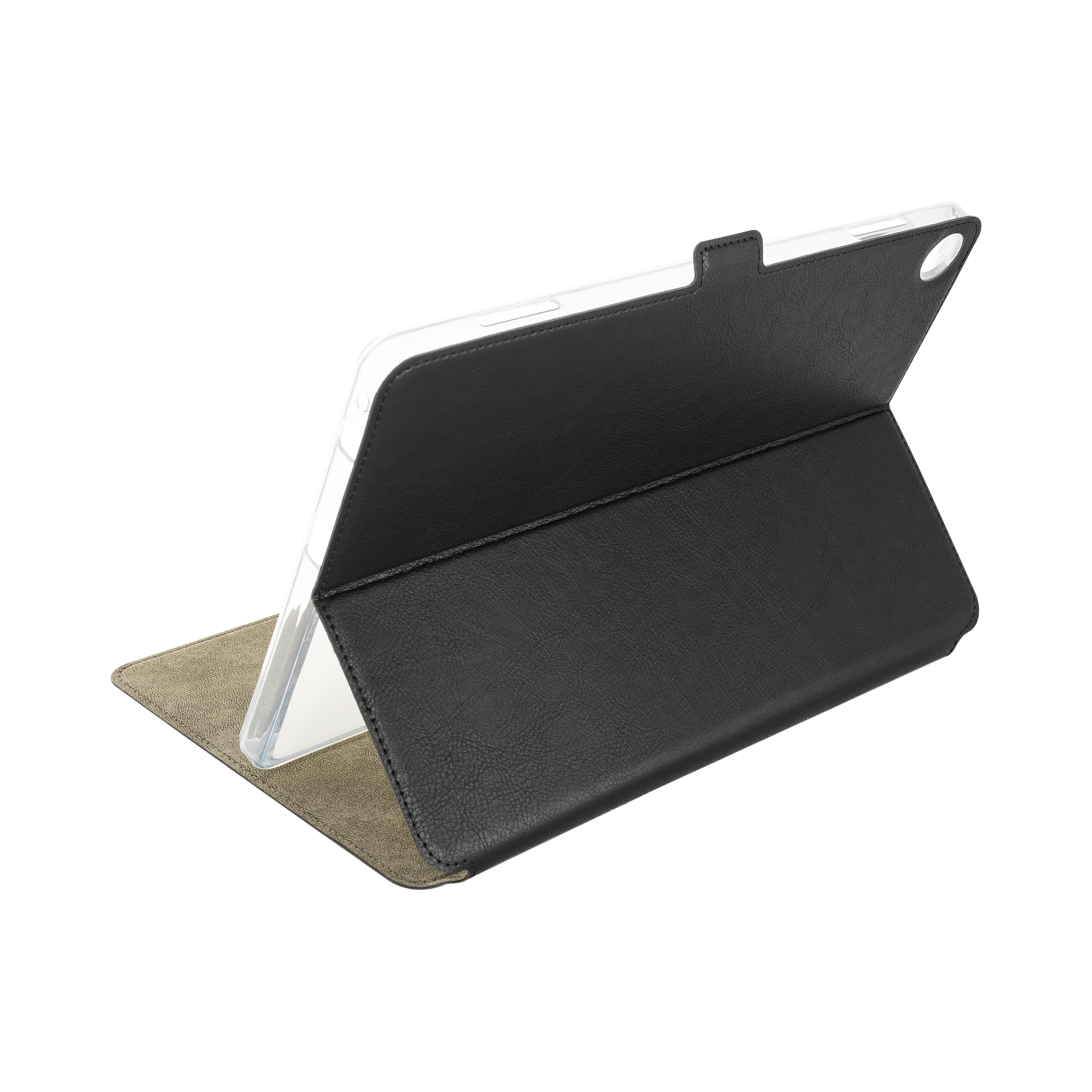 Ein schwarzes Tablet-Klappetui aus Kunstleder in aufrechter Position mit sichtbarem Klarsichtrahmen.