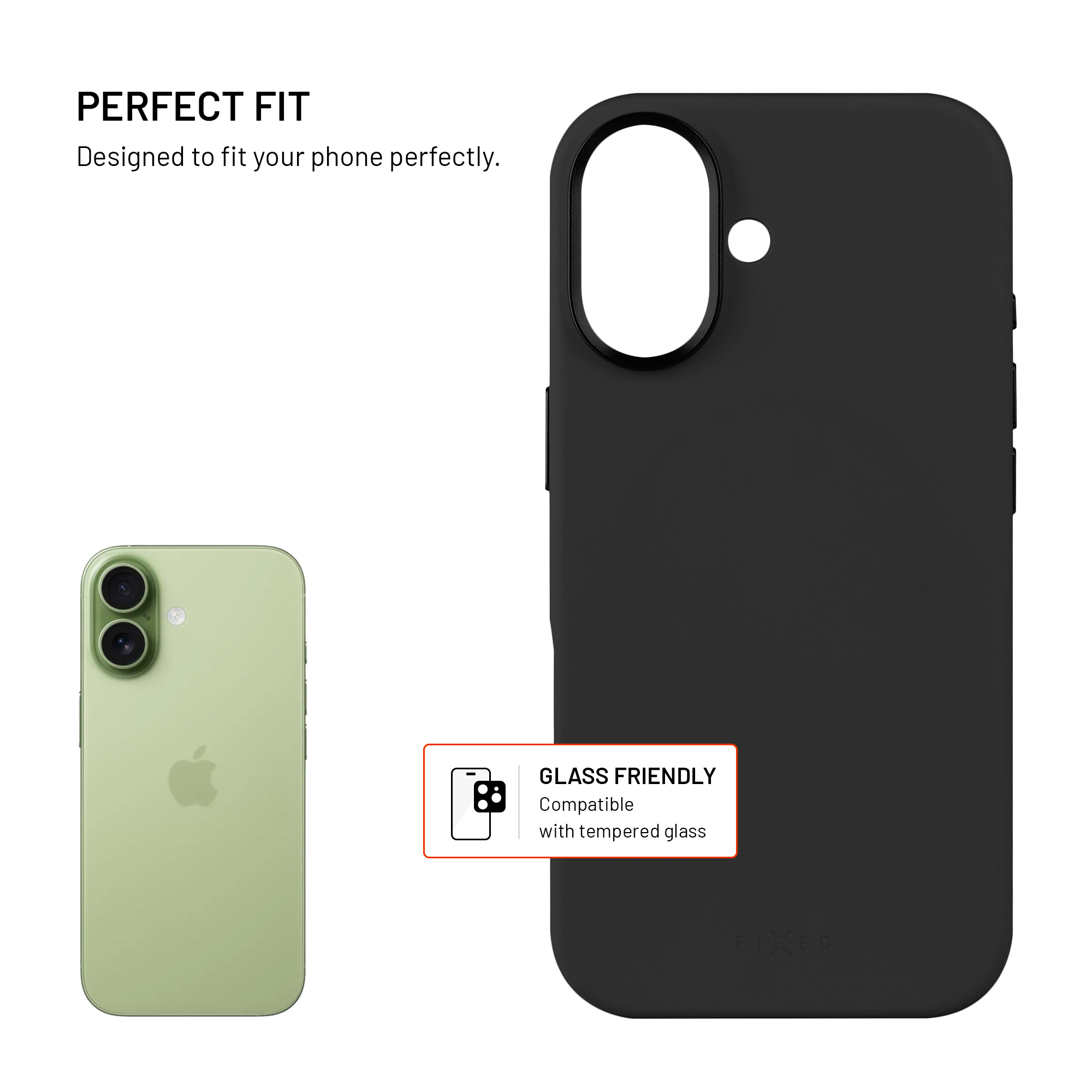 Eine schwarze Handytasche, ein hellgrünes Handy und Text über perfekte Passform.