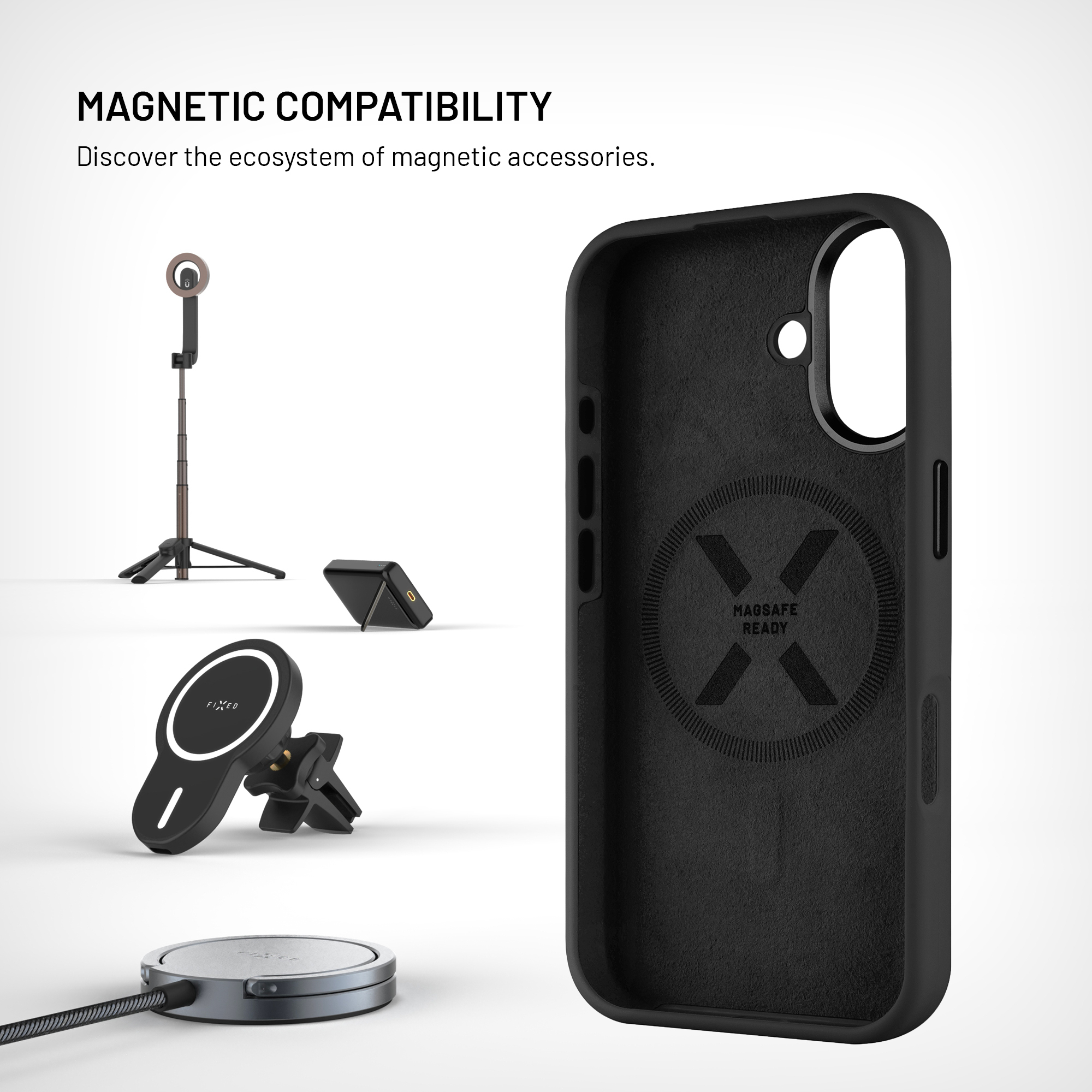 Schwarze MagSafe-Hülle mit magnetischem Zubehör wie Ständer, Halterung und Ladegerät.