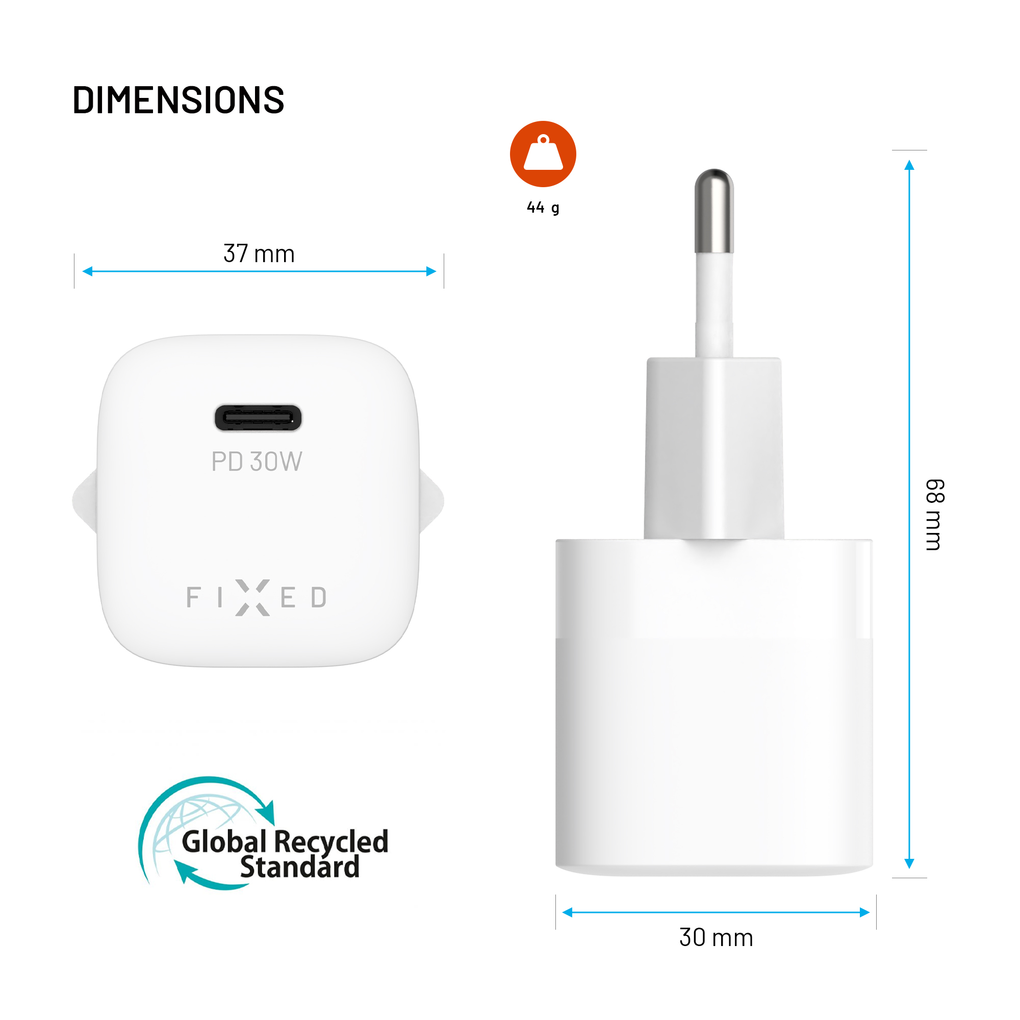 Technische Zeichnung mit Maßen eines weißen USB-C-Ladegeräts, 37x30x68 mm, 44g.