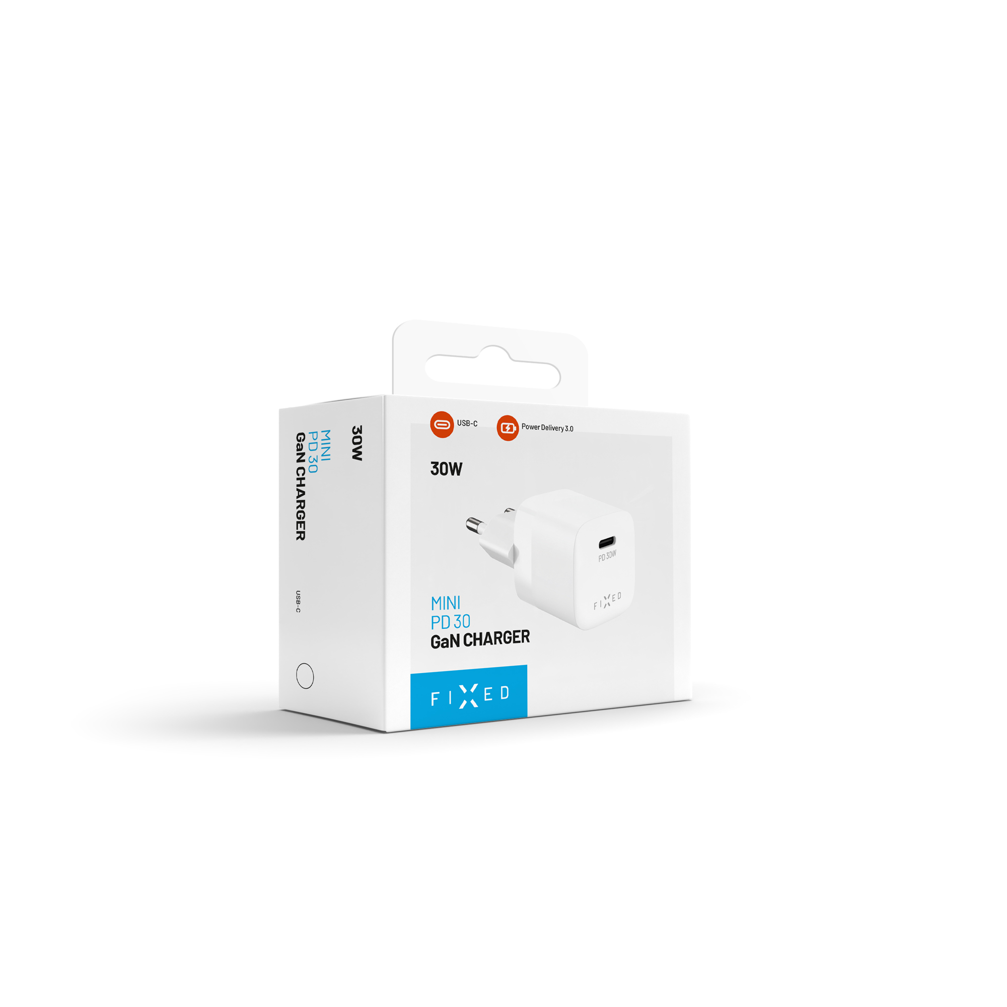 Eine weiße Verpackung für ein FIXAD Mini PD 30 GaN Ladegerät mit USB-C und Power Delivery 3.0.