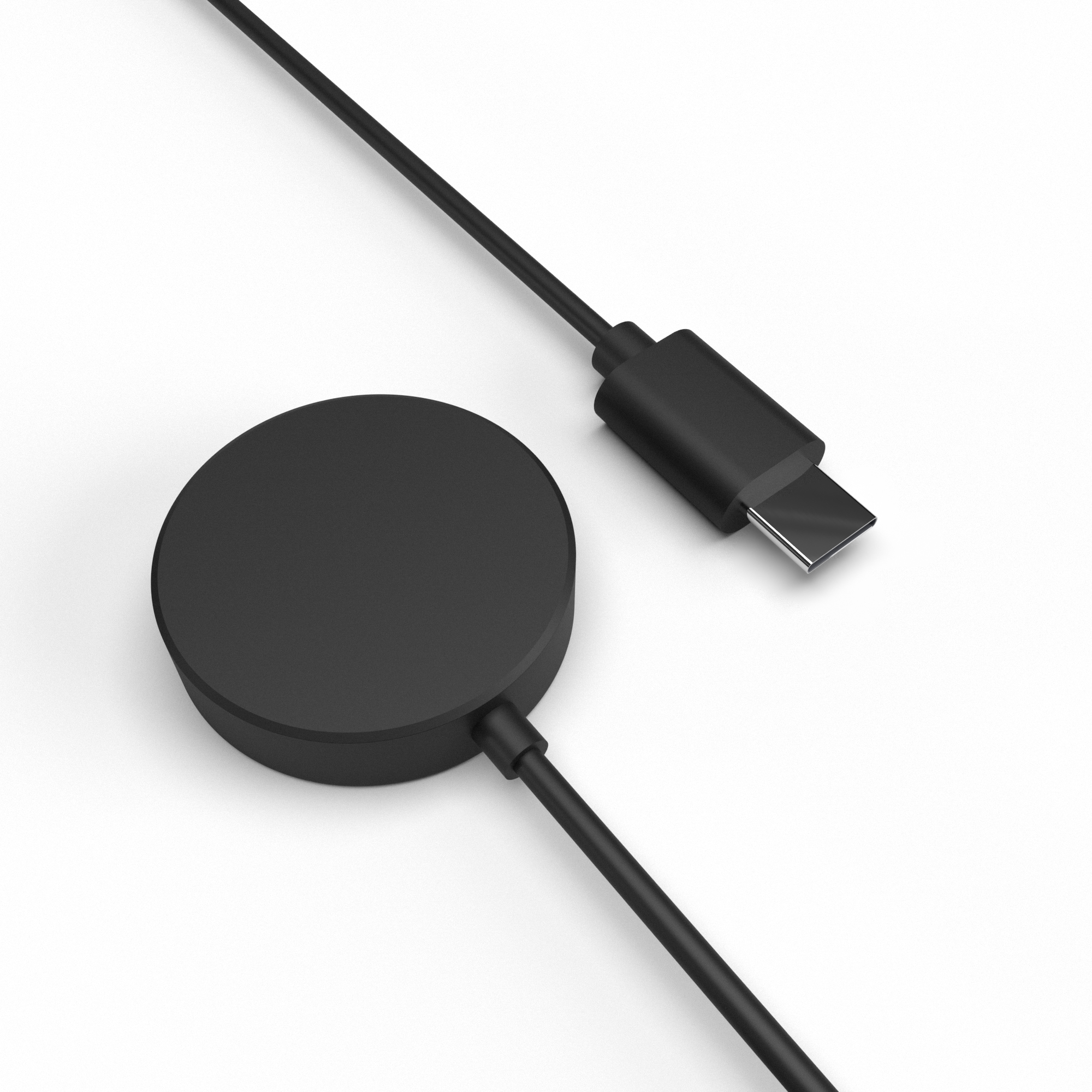 Ein schwarzes Smartwatch-Lade-Pad und ein USB-C-Kabel auf weißem Hintergrund.