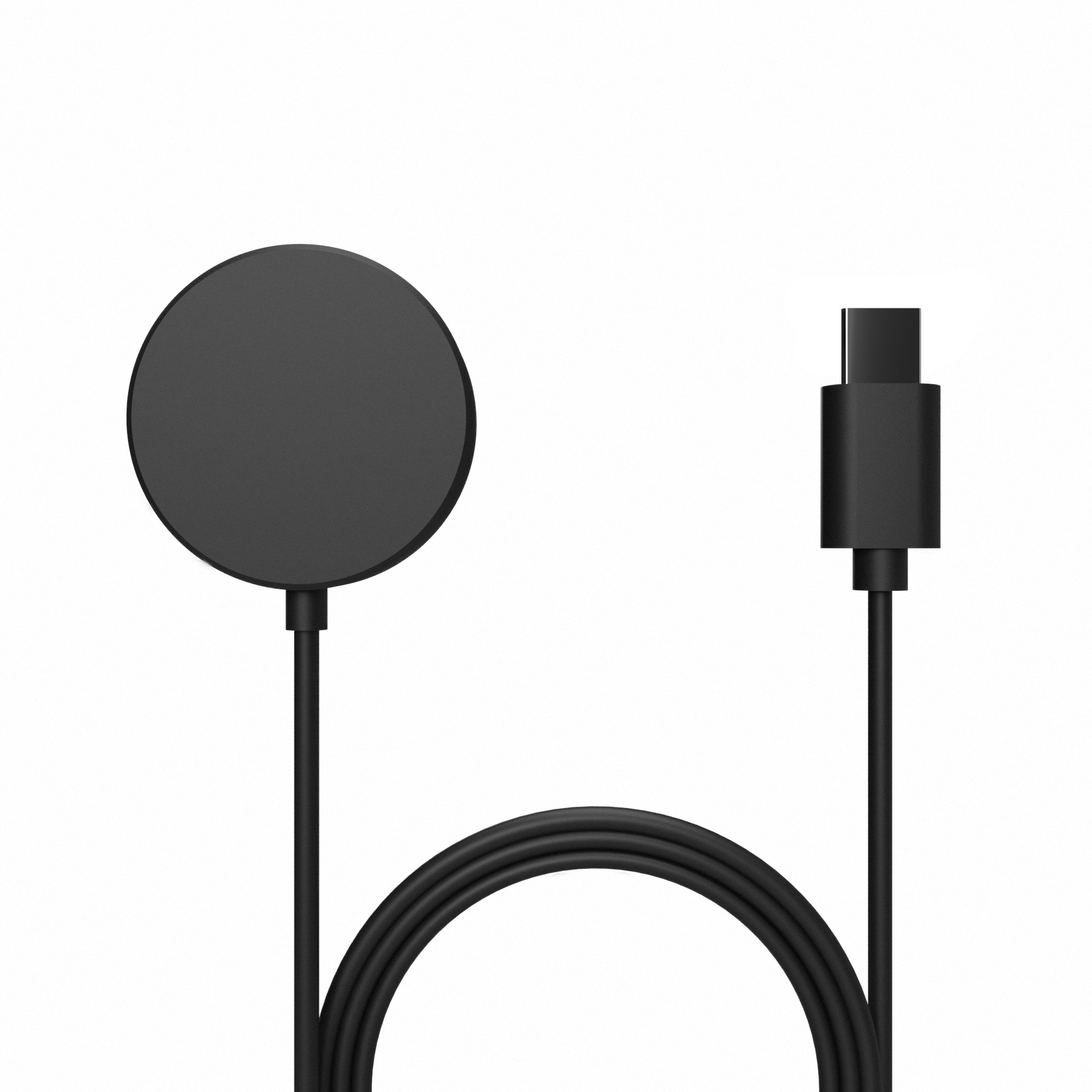 Ein schwarzes Ladekabel mit einem runden magnetischen Pad und einem USB-C-Stecker auf weißem Hintergrund.