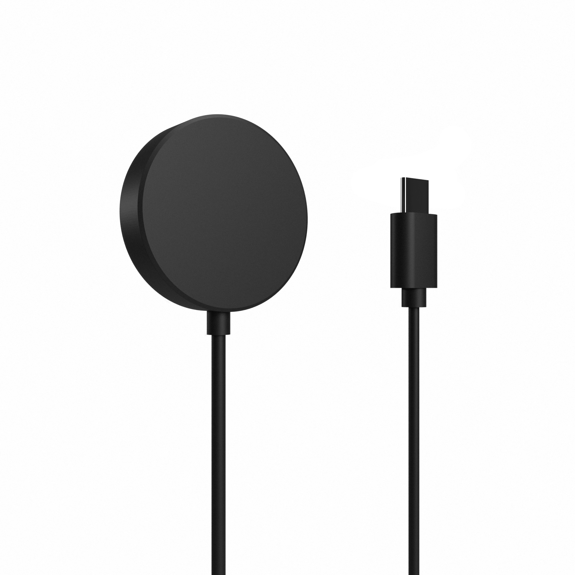 Ein schwarzes rundes kabelloses Ladegerät und ein USB-C-Kabel vor weißem Hintergrund.