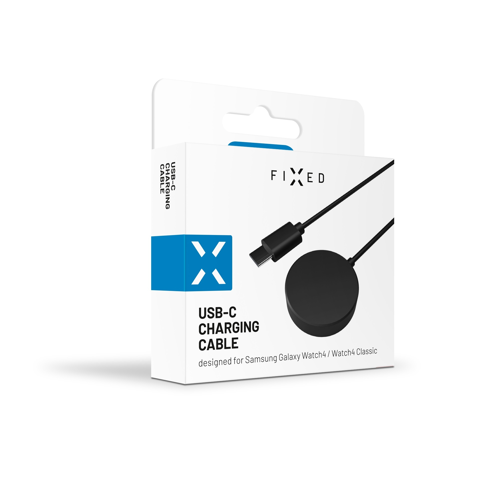 Weiße Produktverpackung für ein FIXD USB-C-Ladekabel für die Samsung Galaxy Watch4.
