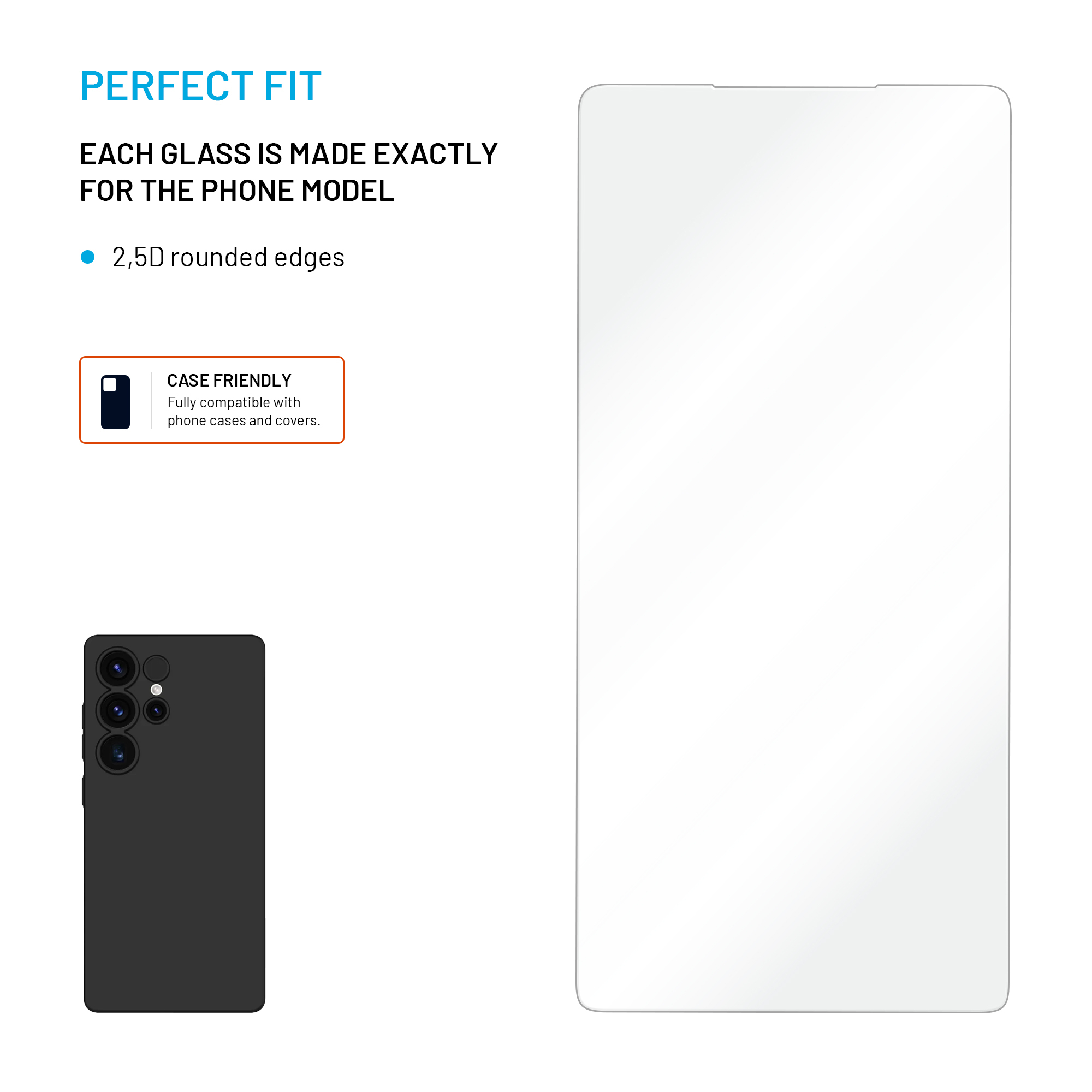 Ein Bild mit einer Displayschutzfolie und Text über perfekte Passform, abgerundete Kanten und Hüllenkompatibilität.