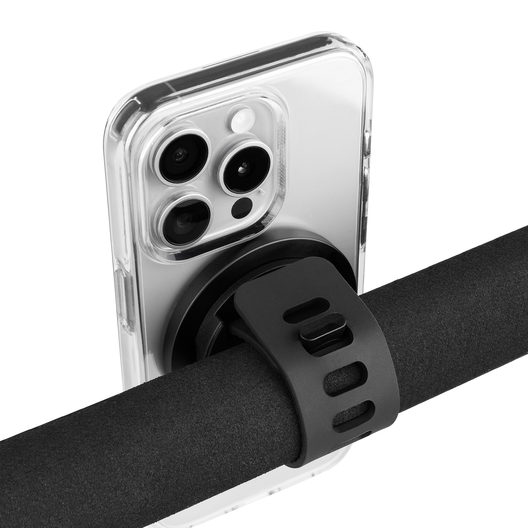 Ein Smartphone in transparenter Hülle, befestigt an einer gepolsterten Stange mit Silikonband.