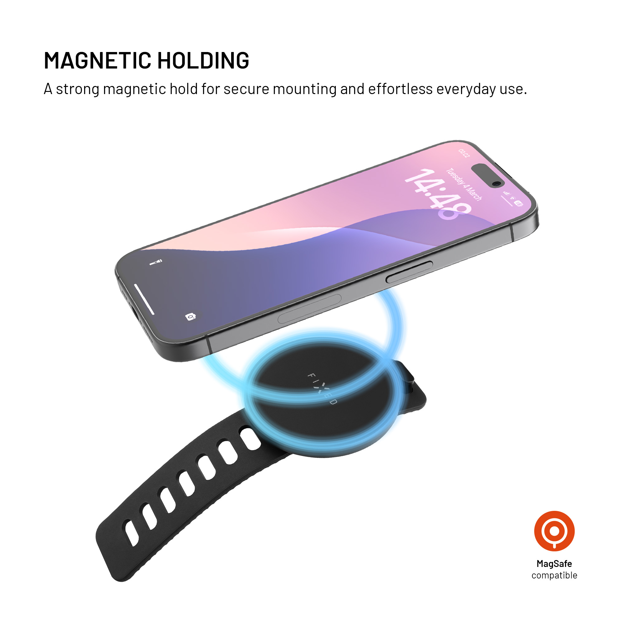 Smartphone über einem runden, magnetischen Halter mit blauem Lichteffekt und schwarzem Armband.