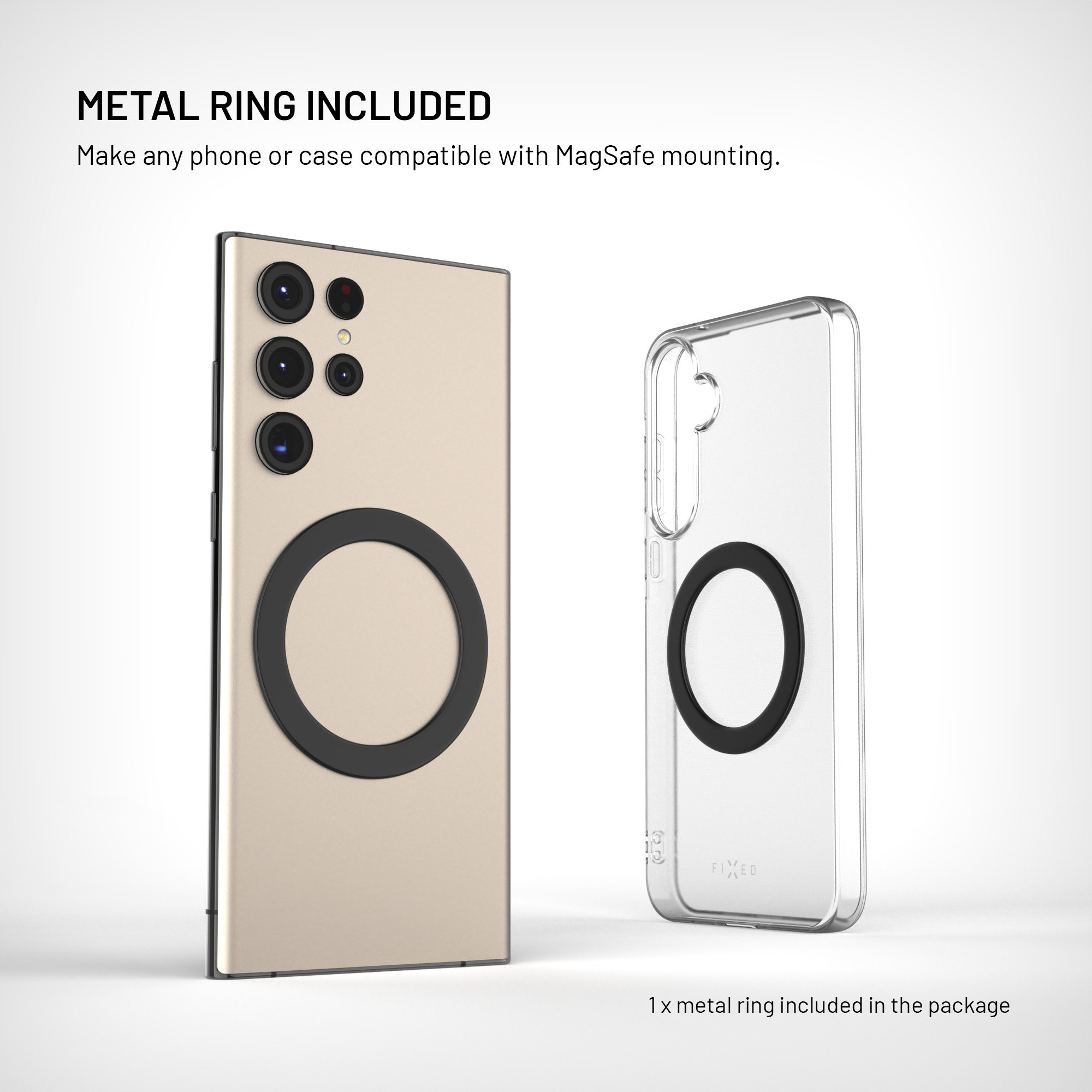 Goldenes Telefon mit schwarzem Metallring und transparenter Hülle mit Metallring vor weißem Hintergrund.