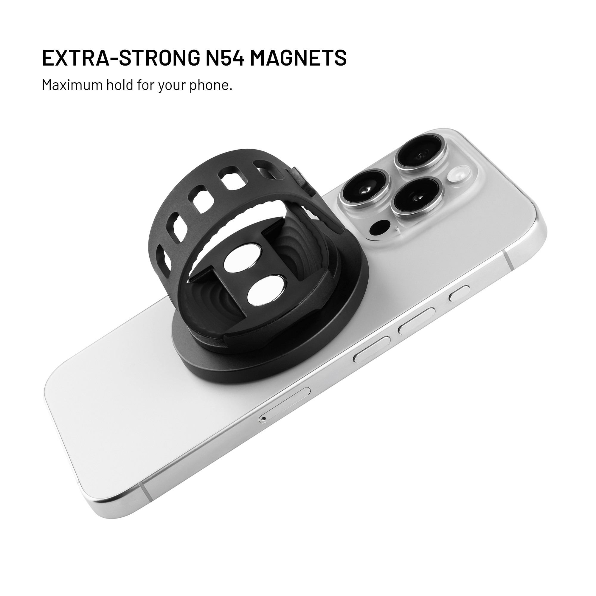 Ein schwarzer magnetischer Handyhalter auf der Rückseite eines silbernen Smartphones, mit Text über N54-Magnete.