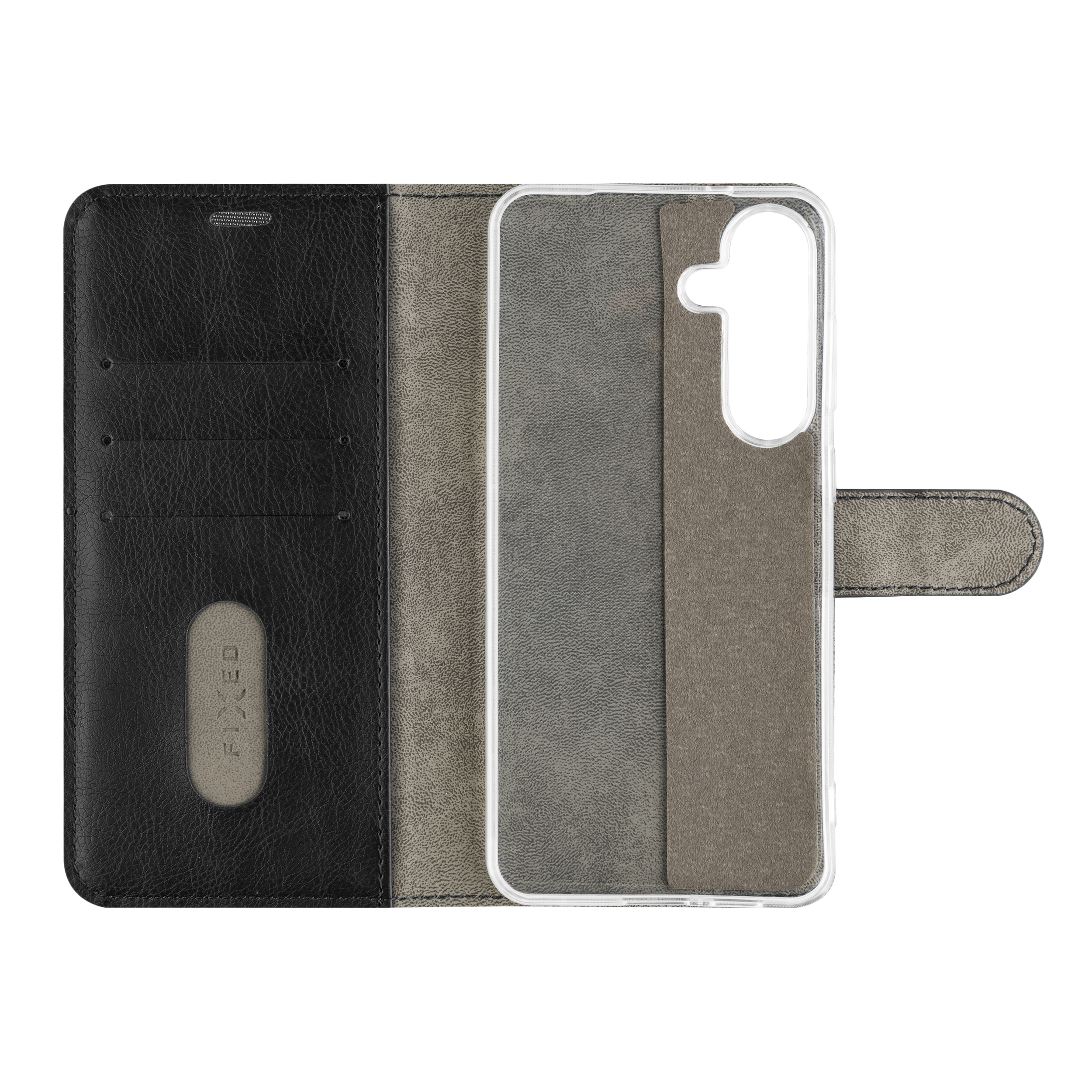Offene schwarze Brieftaschen-Handyhülle mit Kartenfächern und transparenter Silikonhalterung.