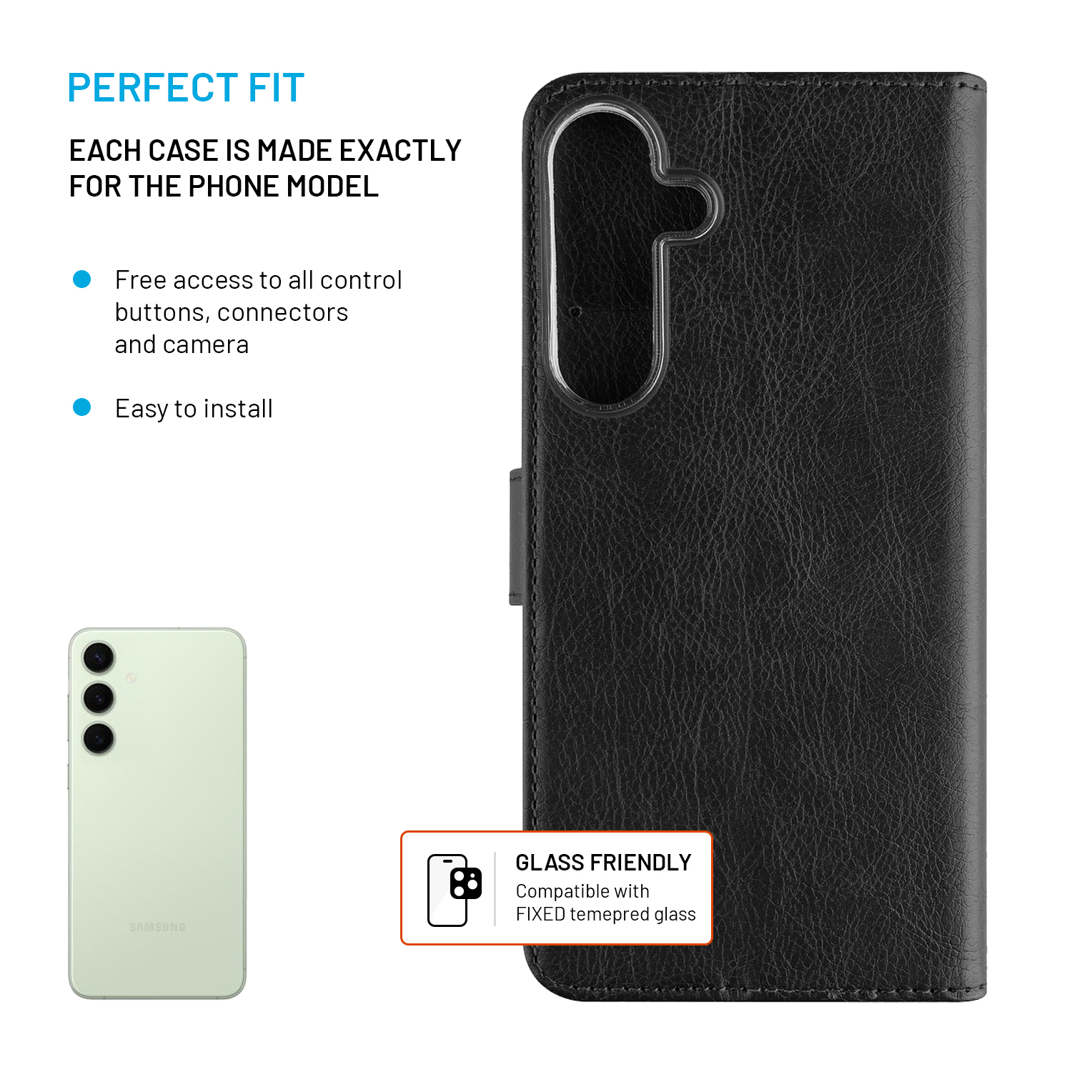 Schwarze Leder-Handyhuellle mit Aussparungen fuer Kamera und kaufmaennischer Text.