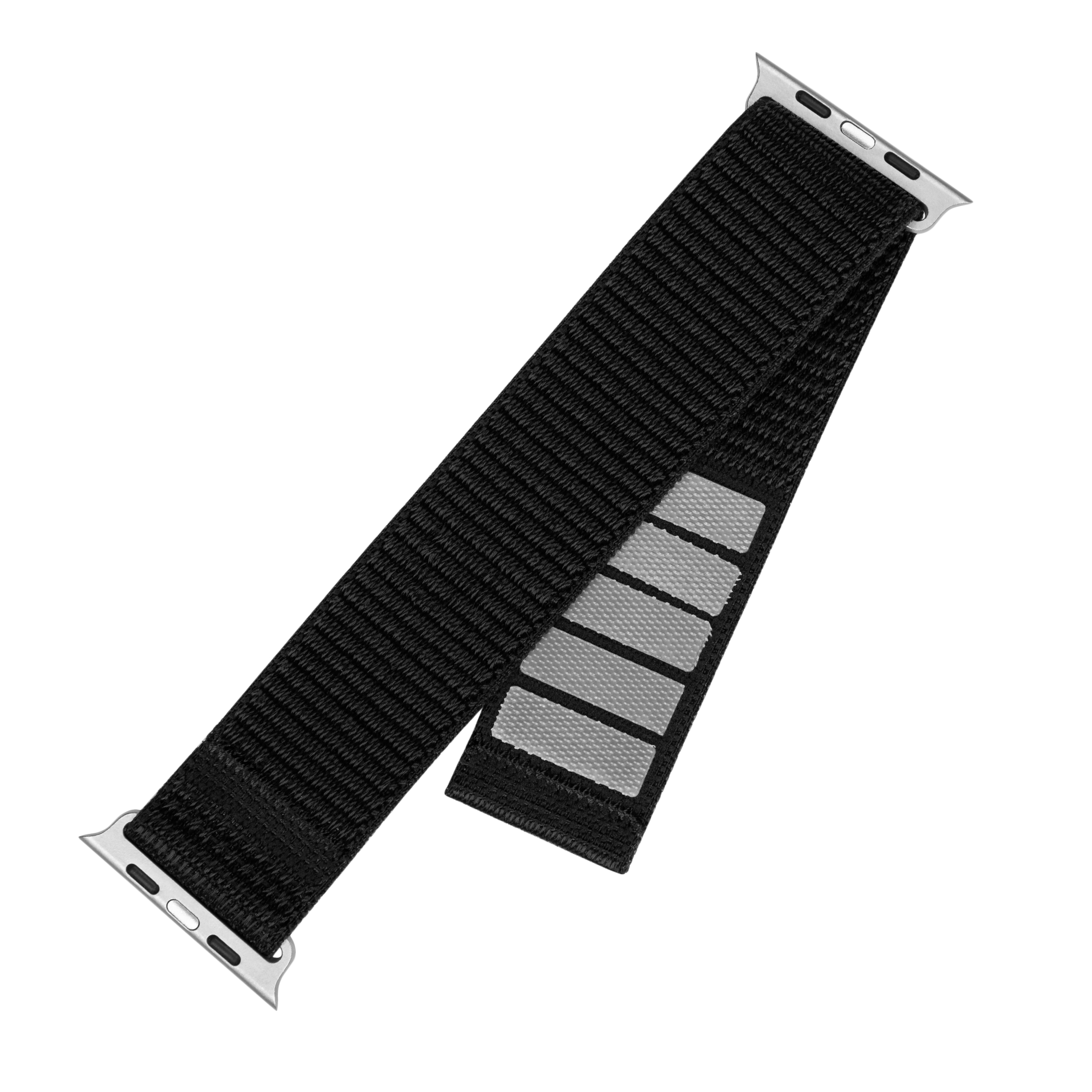 Ein schwarzes Nylon-Uhrenarmband mit silbernen Metallverbindern und reflektierenden grauen Laschen vor weißem Hintergrund.