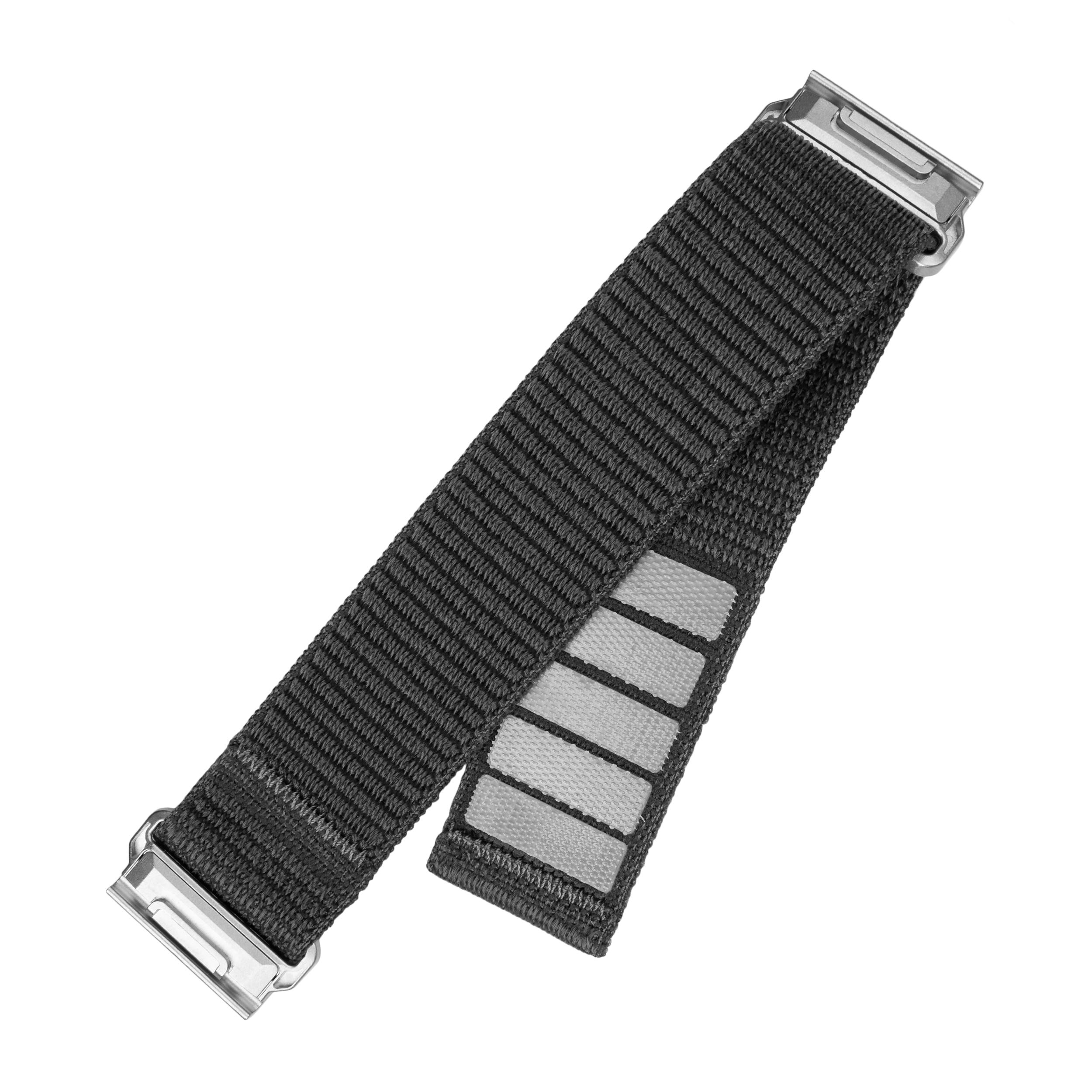 Ein dunkelgraues gewebtes Uhrenarmband mit silbernen Metallschnallen vor weißem Hintergrund.