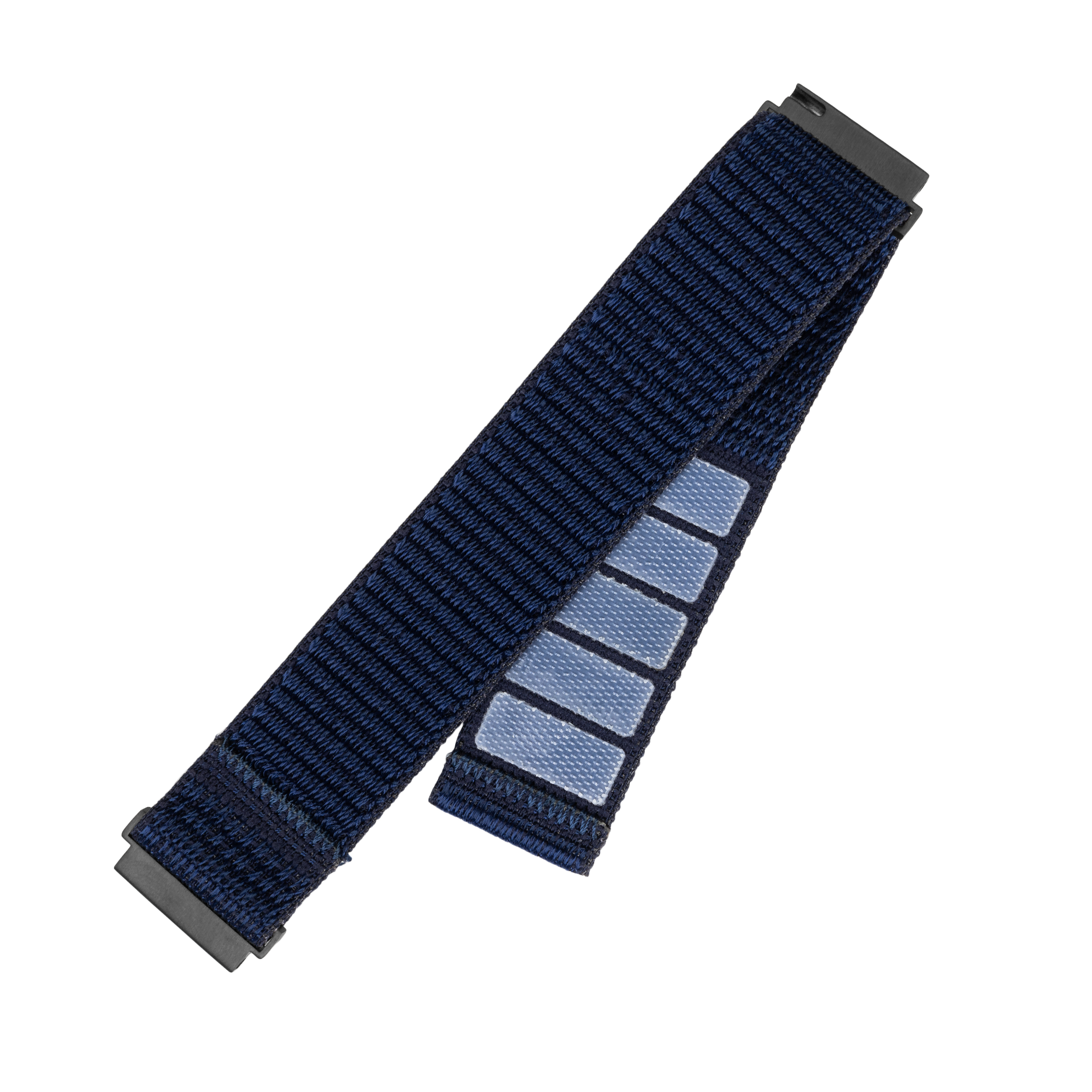 Ein blaues Nylon-Uhrenarmband mit Klettverschlüssen auf weißem Hintergrund.