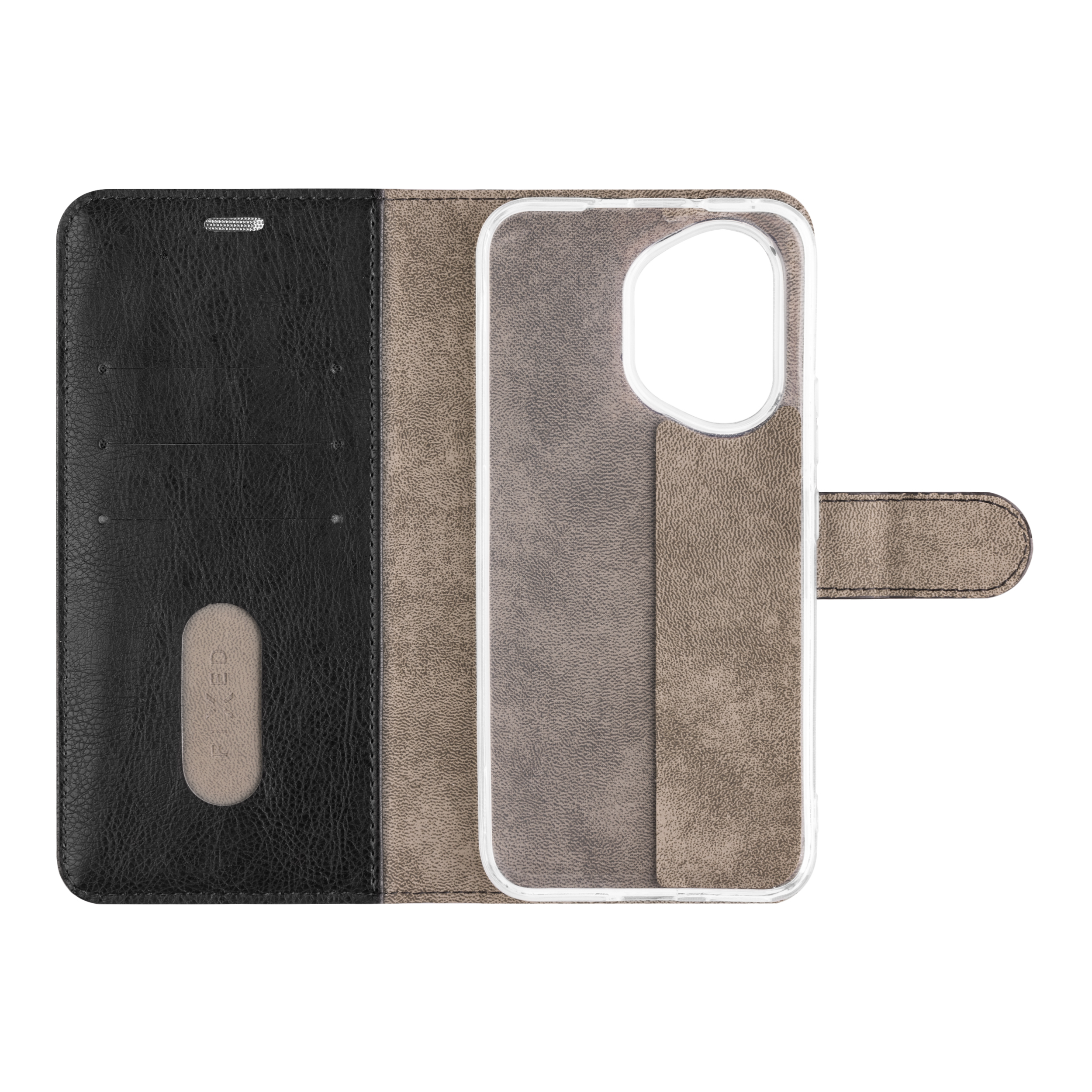 Geöffnetes braun-schwarzes Handy-Flipcase mit Kartenfächern und einer transparenten Silikon-Handyschale innen.