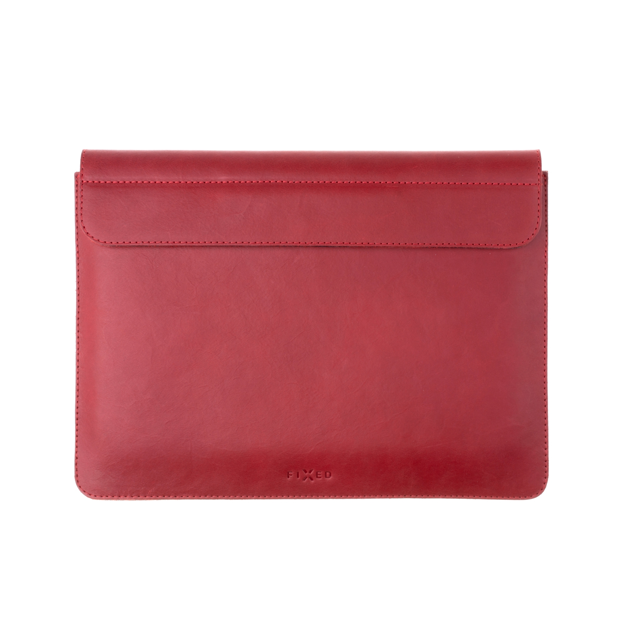 Eine rote Leder-Laptoptasche mit Klappdeckel auf weißem Hintergrund.