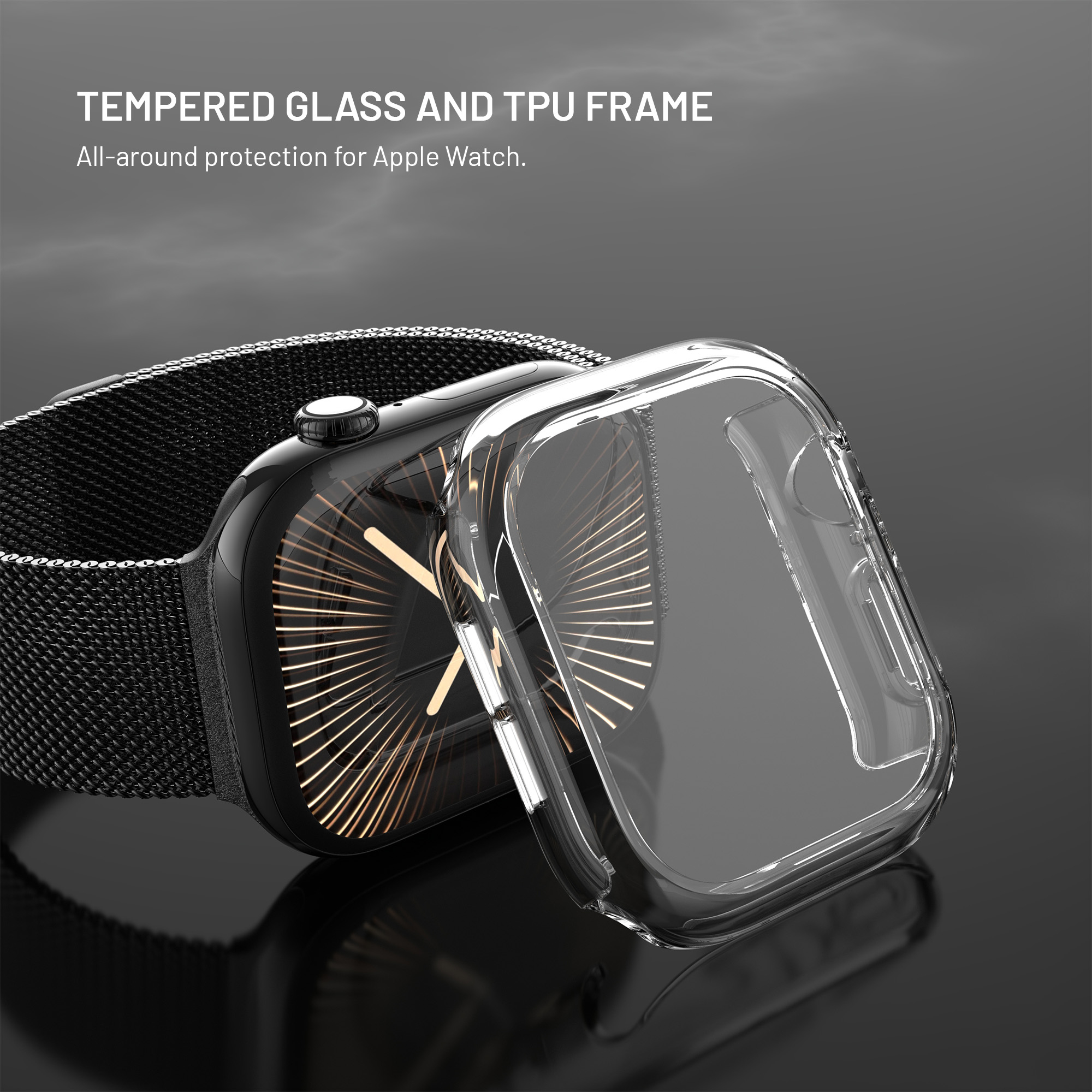 Un Apple Watch con correa de malla negra y marco protector de TPU transparente y vidrio templado.