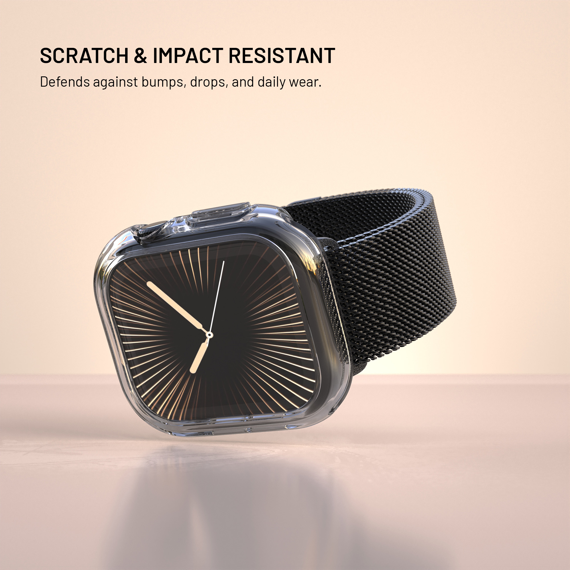 Un reloj inteligente con funda protectora transparente y correa de malla negra sobre fondo melocotón.