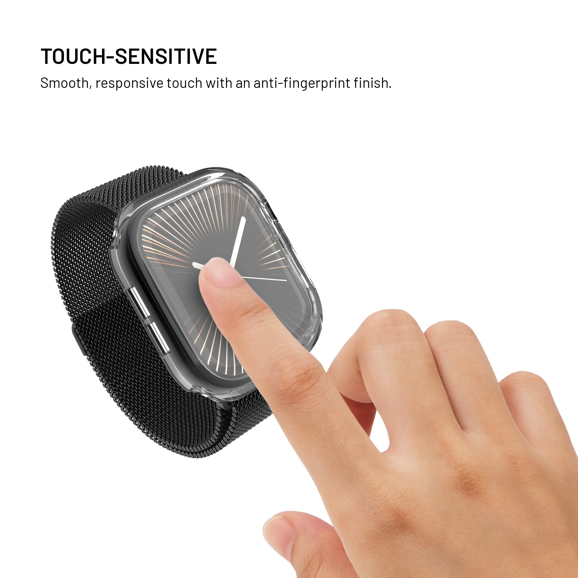 Un dedo toca la pantalla de un reloj inteligente con funda protectora y correa negra.