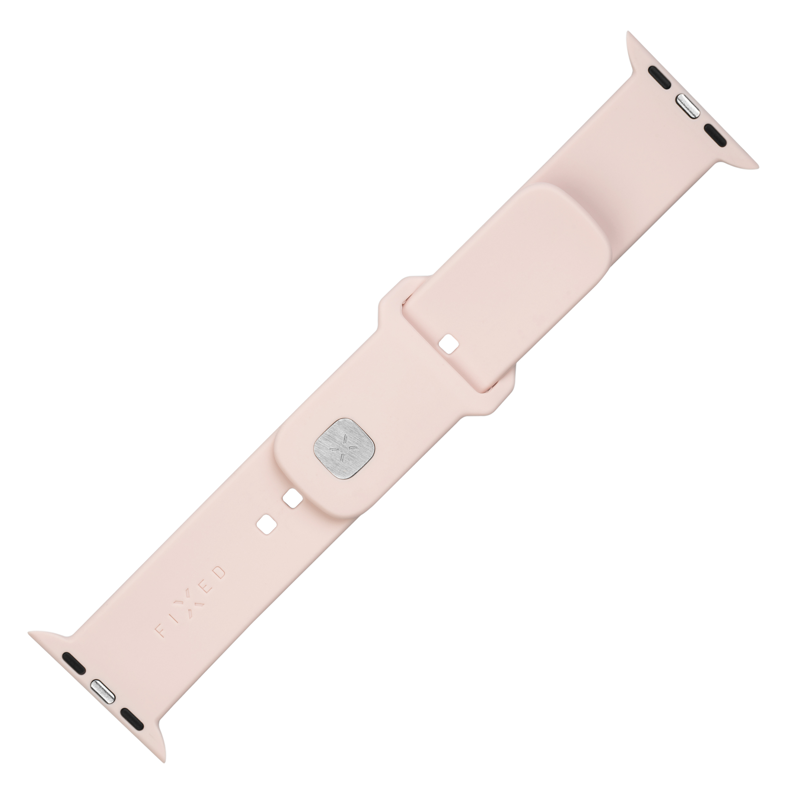Ein blassrosa Silikon-Uhrenarmband mit silberner Schließe und FIXED-Logo auf weißem Hintergrund.