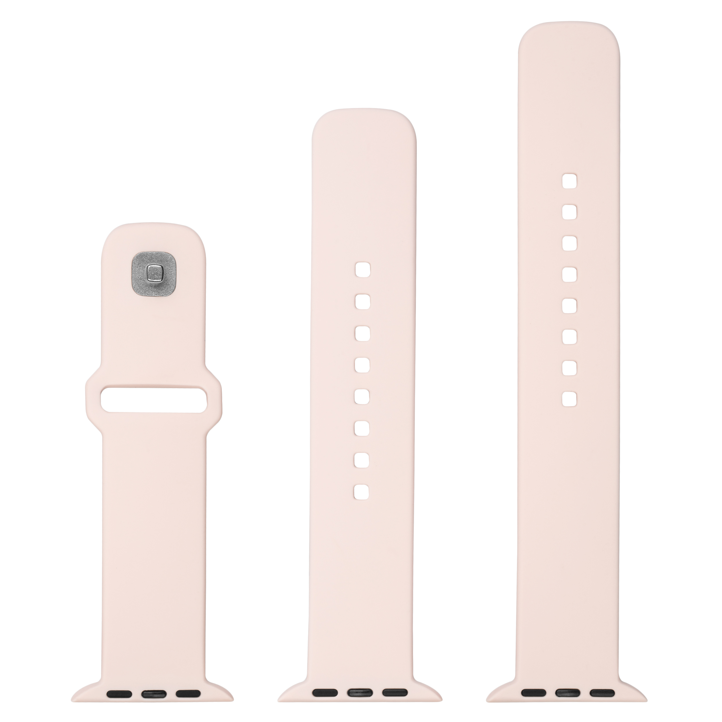 Drei rosafarbene Silikon-Smartwatch-Armbänder in verschiedenen Längen auf weißem Hintergrund.