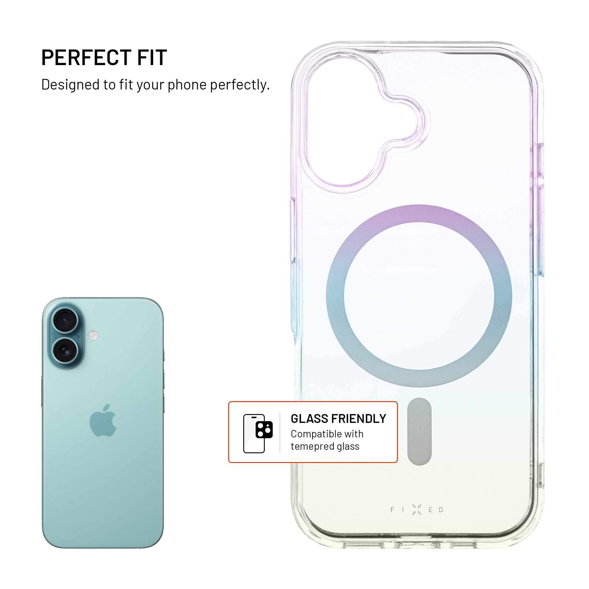 Ein hellgrünes Handy neben einer klaren, farbverlaufenden magnetischen Handyhülle auf weißem Hintergrund.