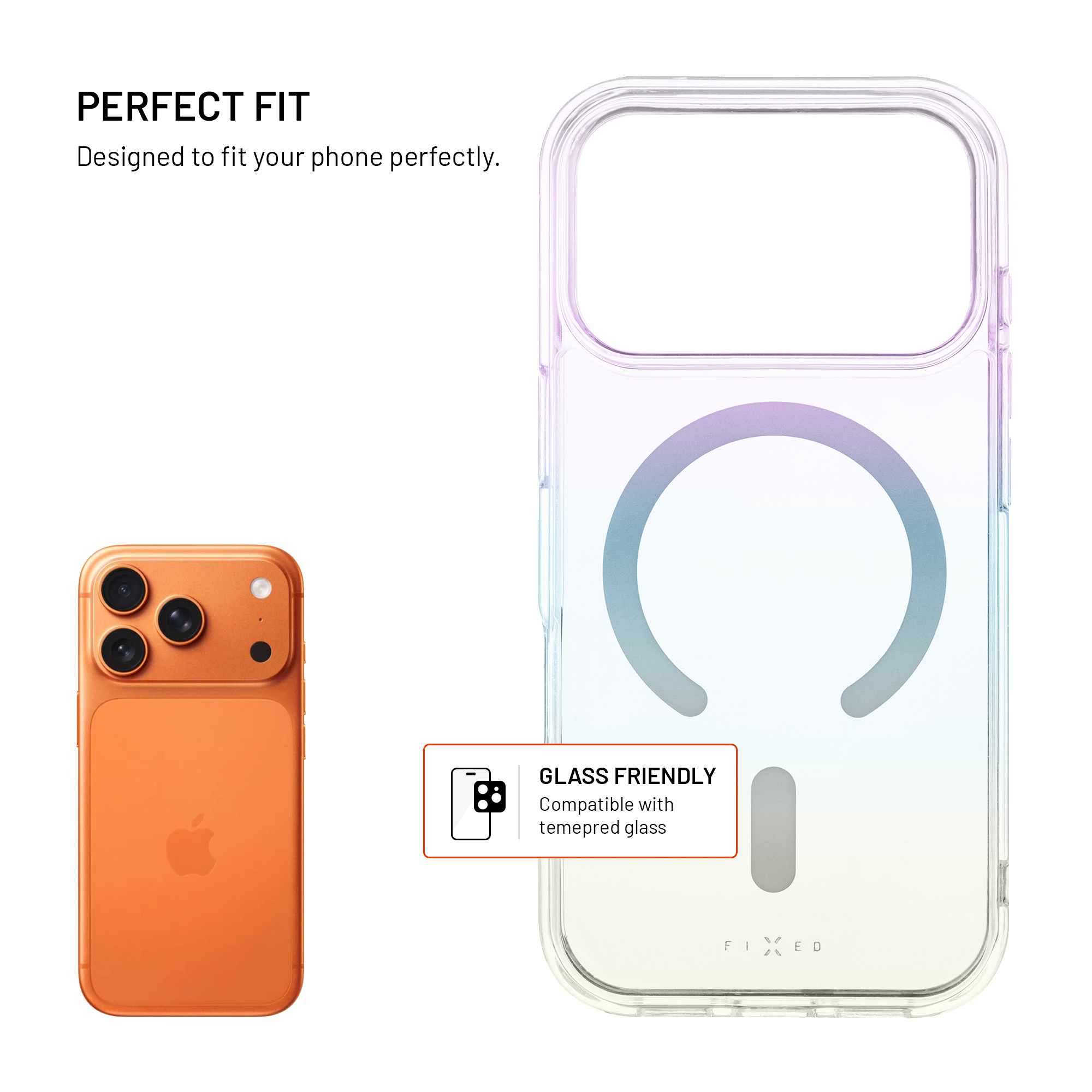 Ein orangefarbenes Smartphone und eine transparente Schutzhülle mit Farbverlauf und MagSafe-Ring.
