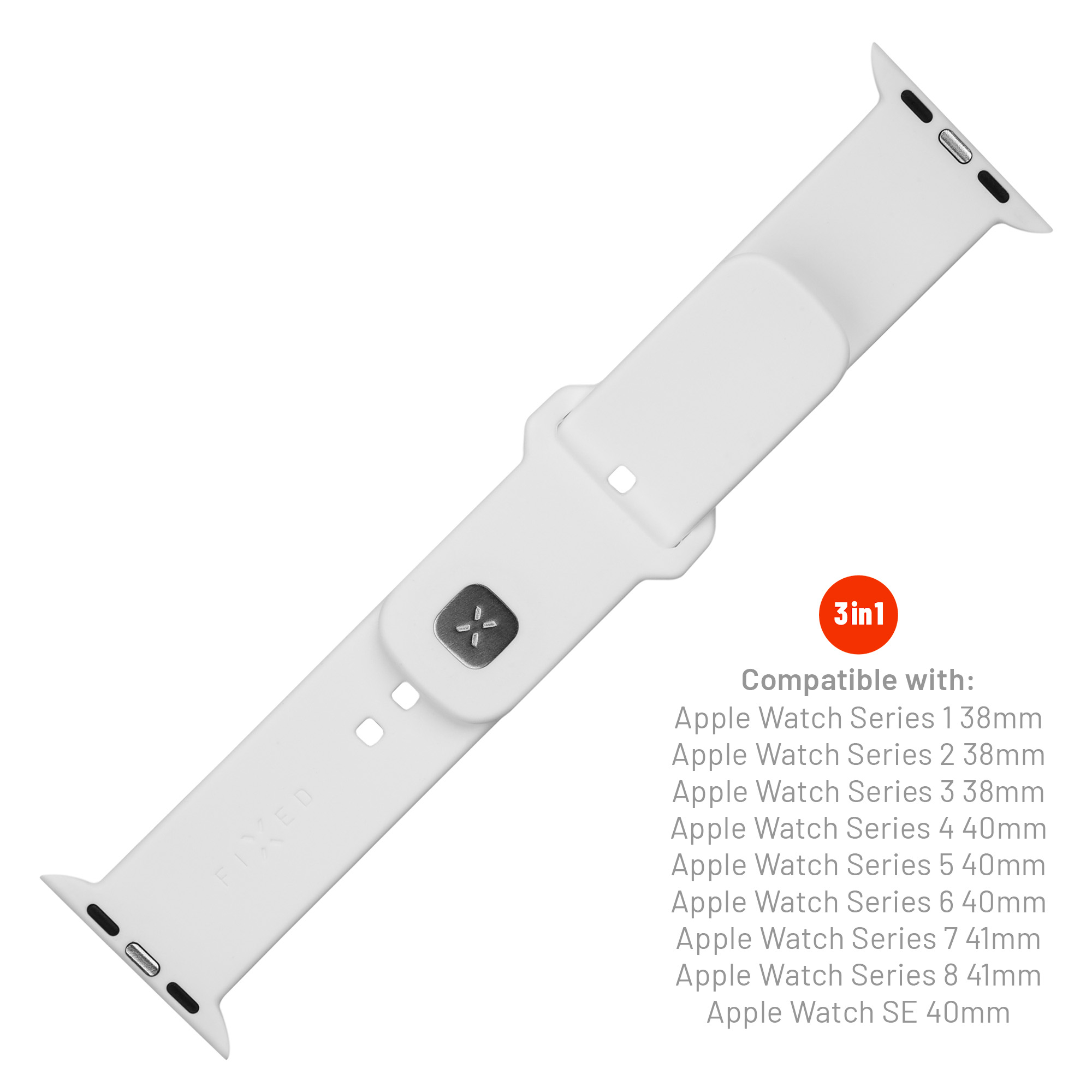 Weisses Apple Watch-Silikonarmband mit silberner Schliesse und Kompatibilitätsliste.