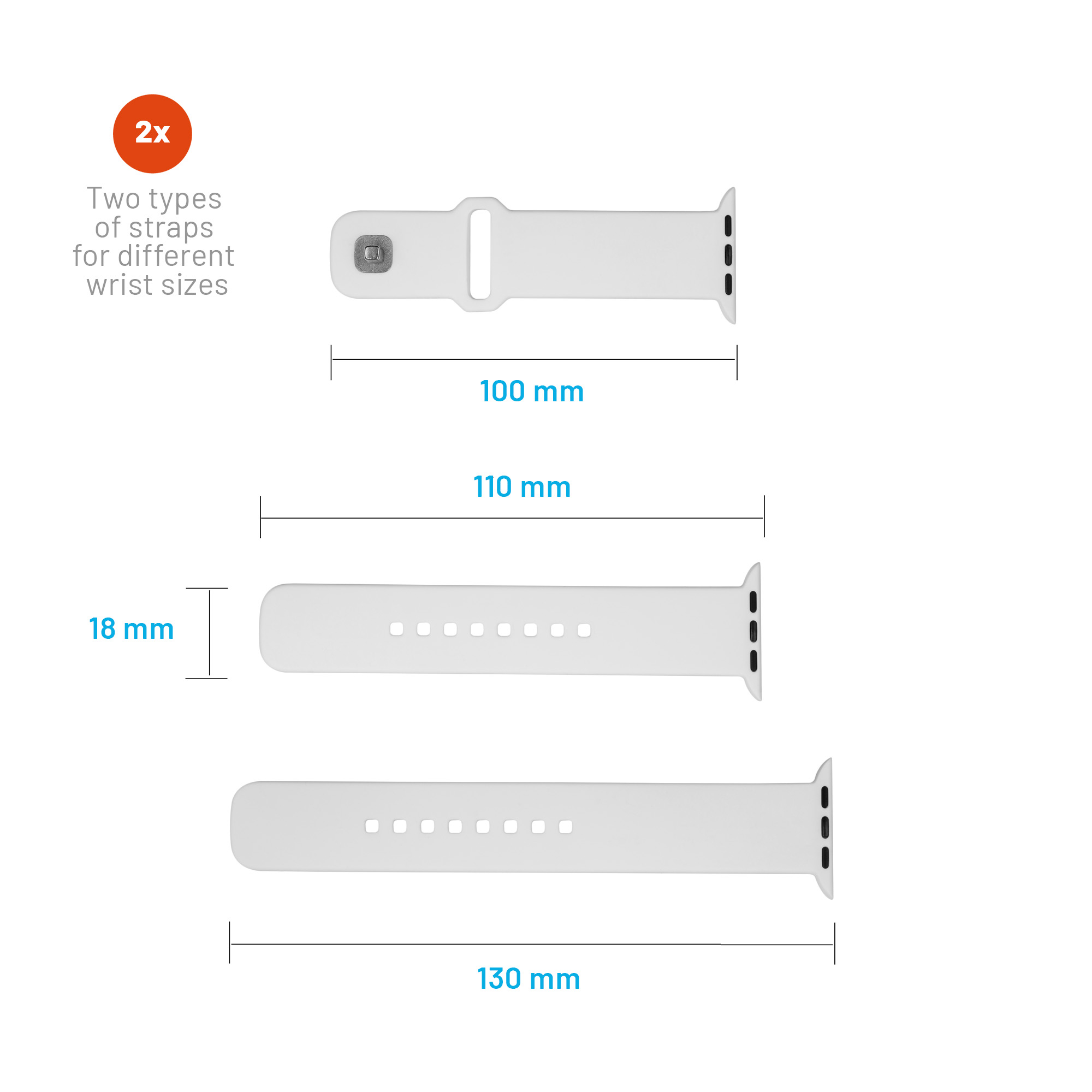 Diagramm zeigt drei weiße Smartwatch-Armbänder in verschiedenen Größen mit Maßangaben in Millimetern.