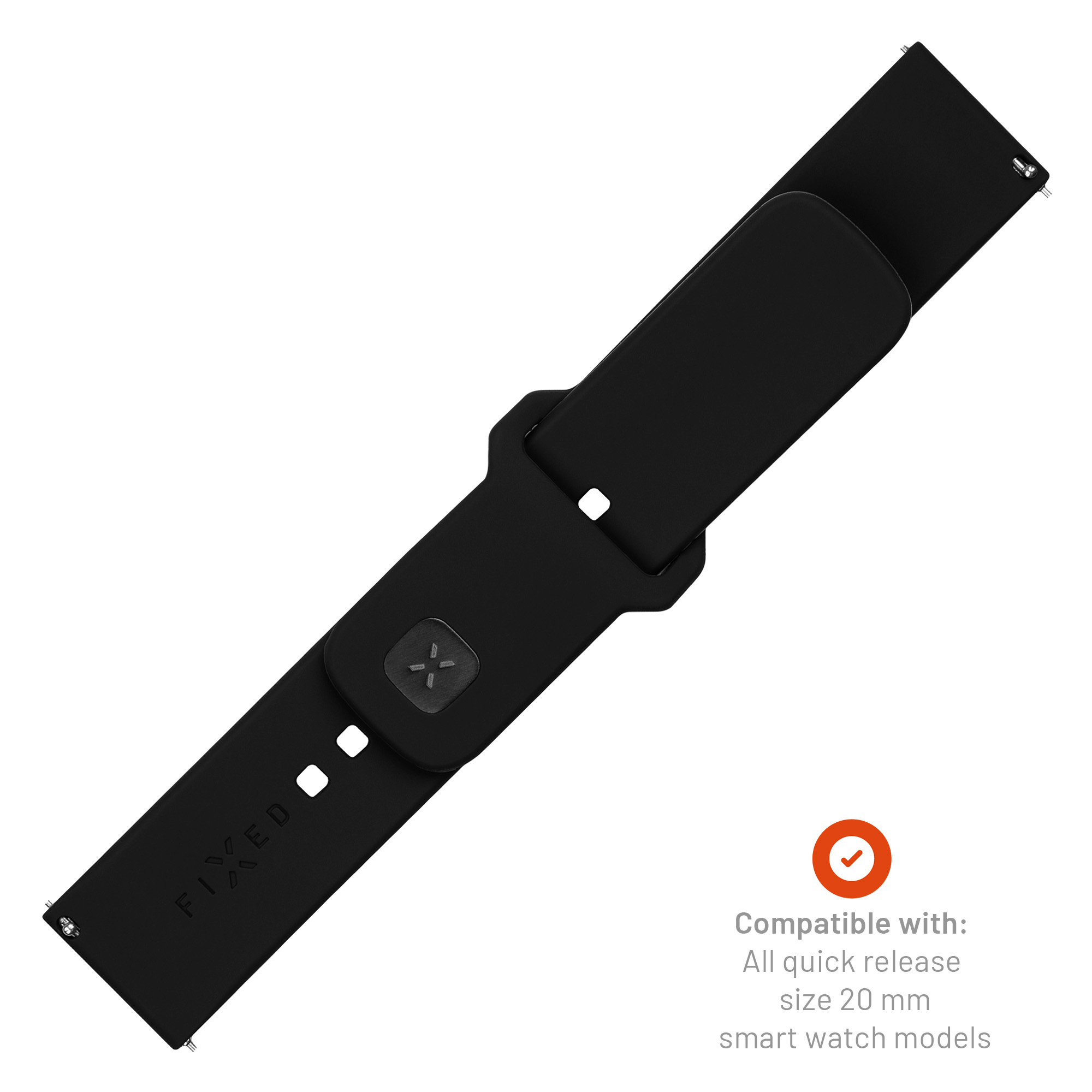 Schwarzes Uhrenarmband aus Silikon, kompatibel mit 20-mm-Modellen.