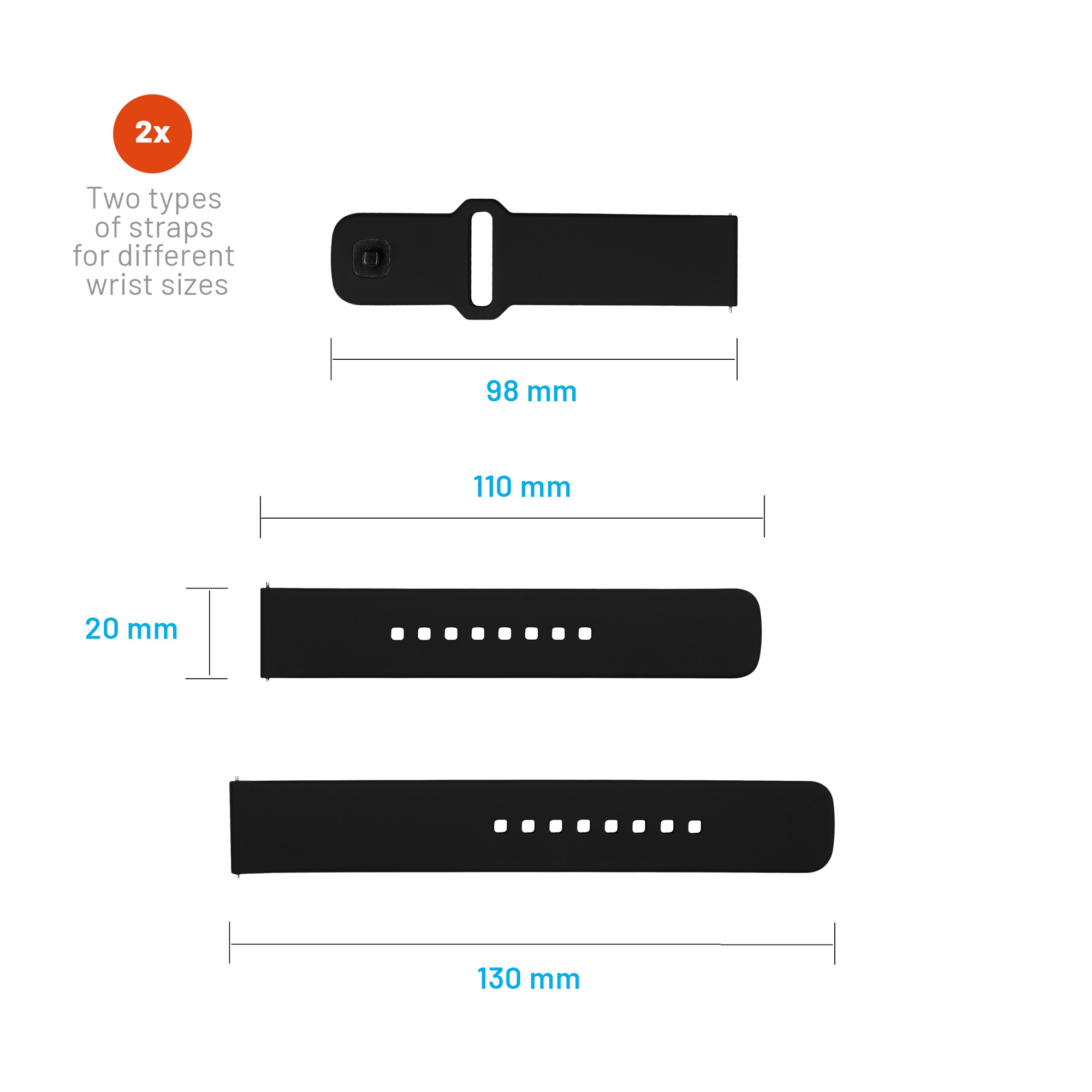 Diagramm zeigt zwei schwarze Uhrenarmbänder mit den Maßen 98 mm, 110 mm, 130 mm Länge und 20 mm Breite.