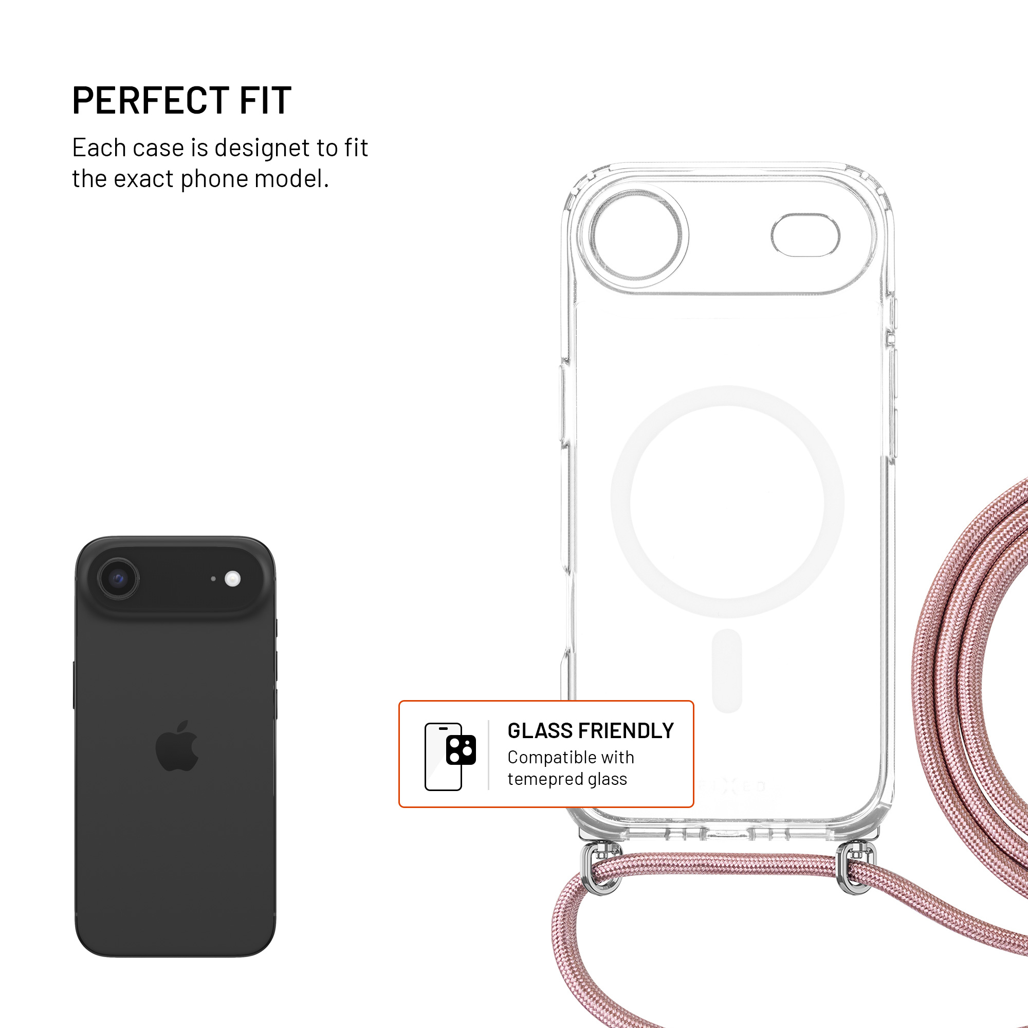 Transparente Handyshülle mit Band neben einem schwarzen Smartphone und Text zu Passform und Glasverträglichkeit.