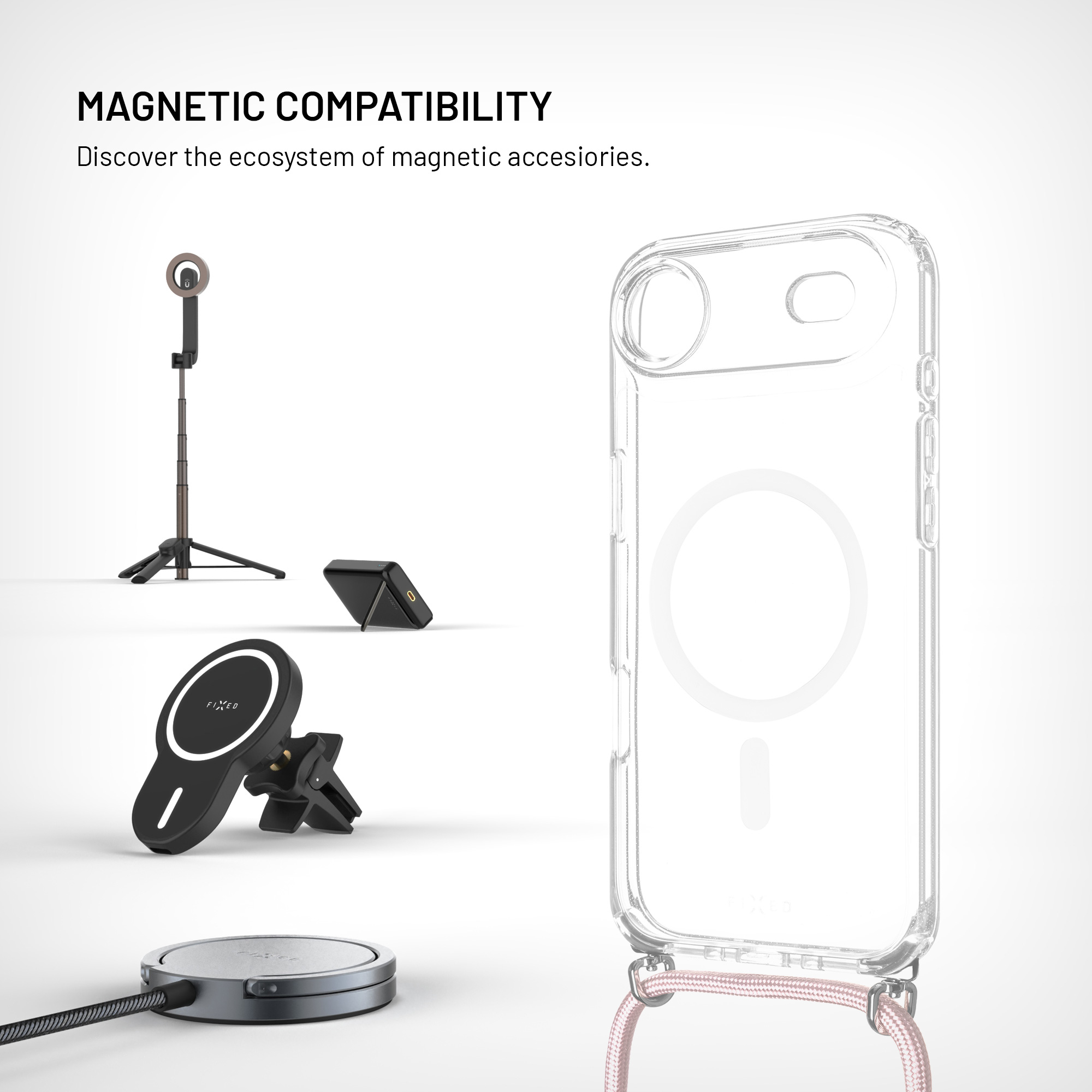 Transparente Handyhülle mit Band und kompatibles magnetisches Zubehör wie Stativ, Autohalterung und Ladegerät.