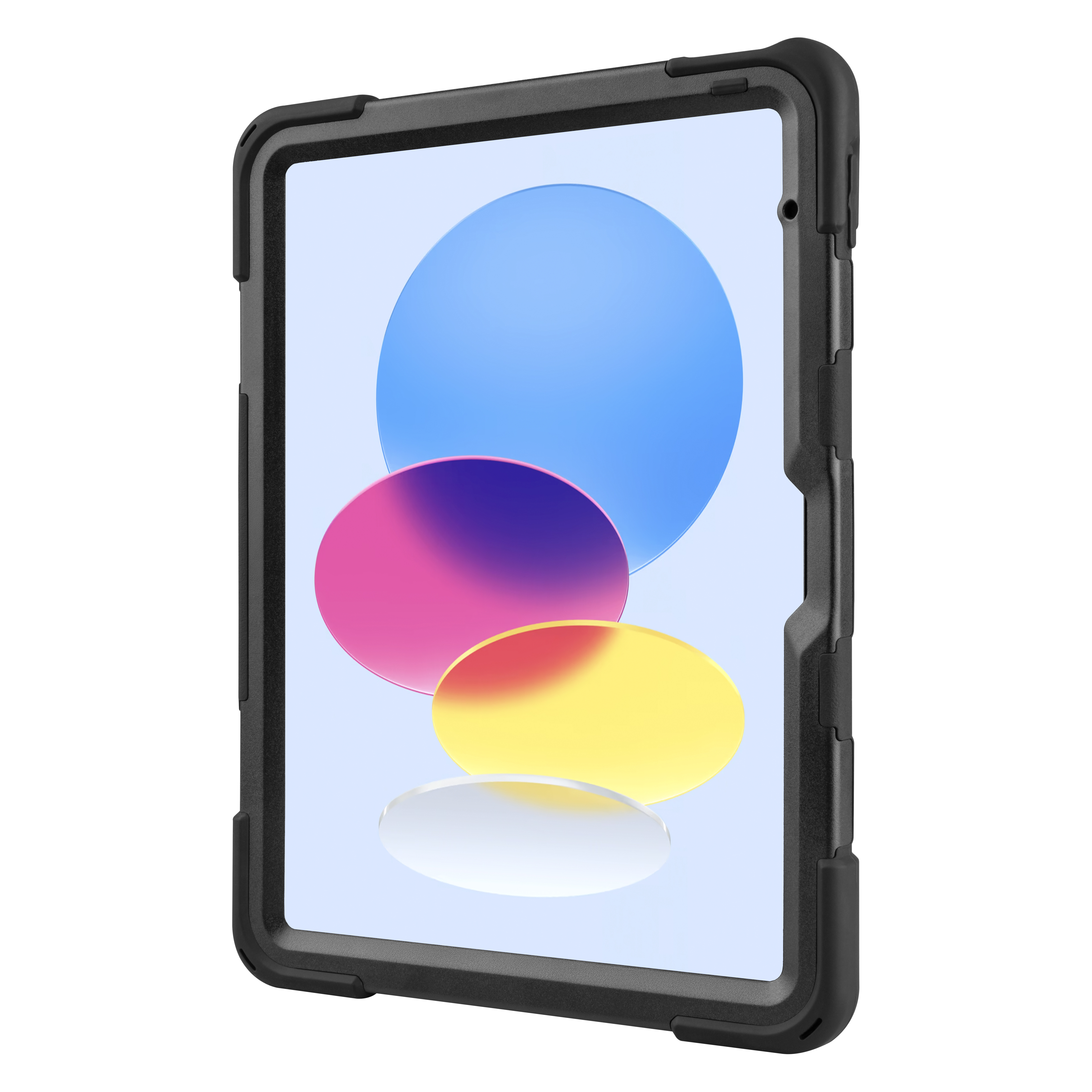 Ein Tablet in einer schwarzen Schutzhülle zeigt einen hellblauen Bildschirm mit bunten schwebenden Kreisen.