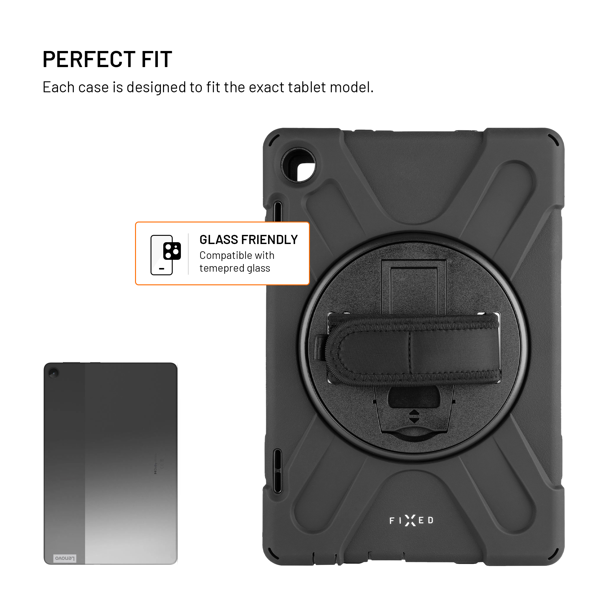 Schwarze Tablet-Schutzhülle mit integriertem Ständer und Handschlaufe, daneben ein graues Lenovo-Tablet.