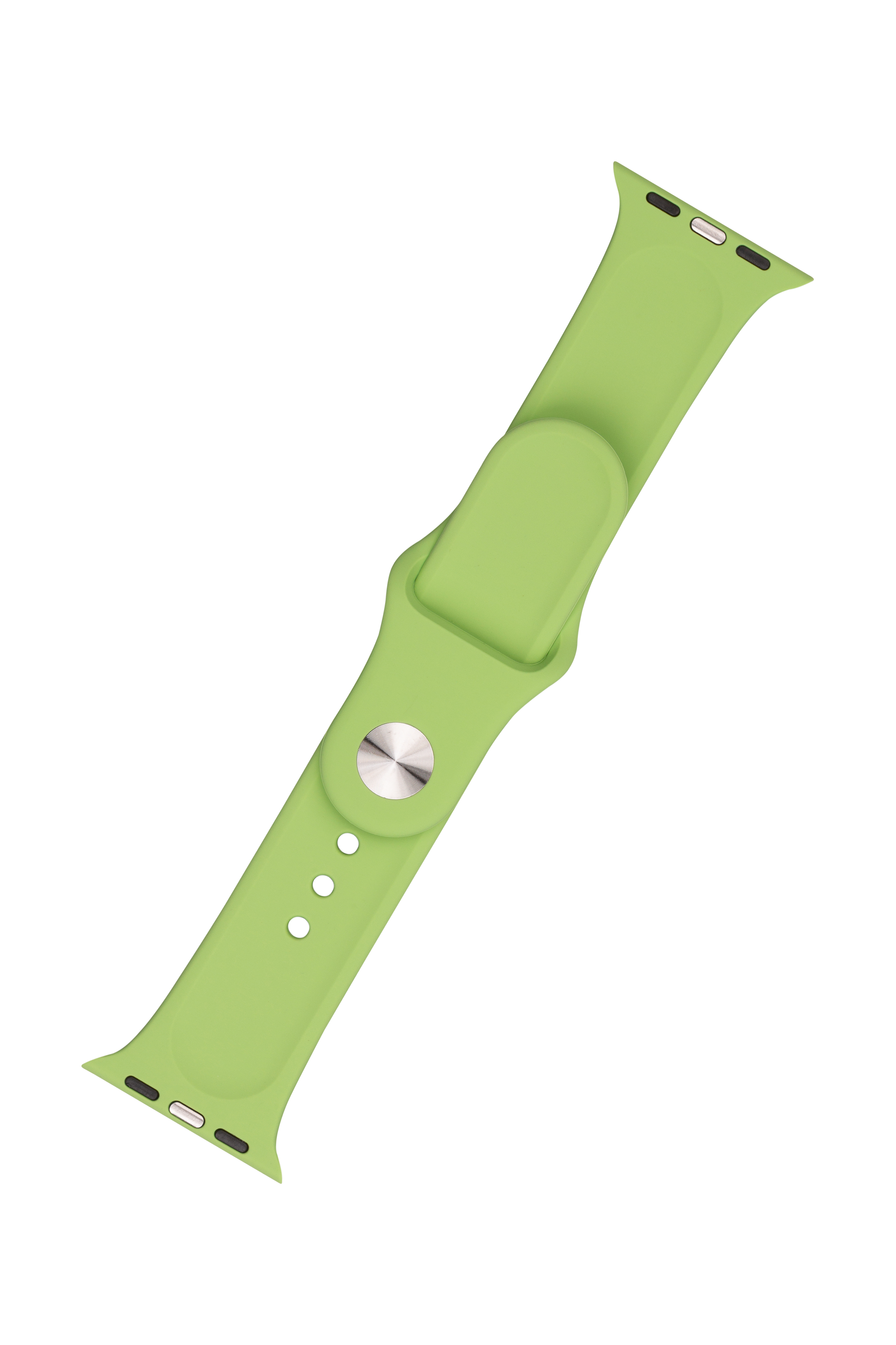 Ein hellgrünes Silikon-Smartwatch-Armband mit silbernem Verschluss auf weißem Hintergrund.