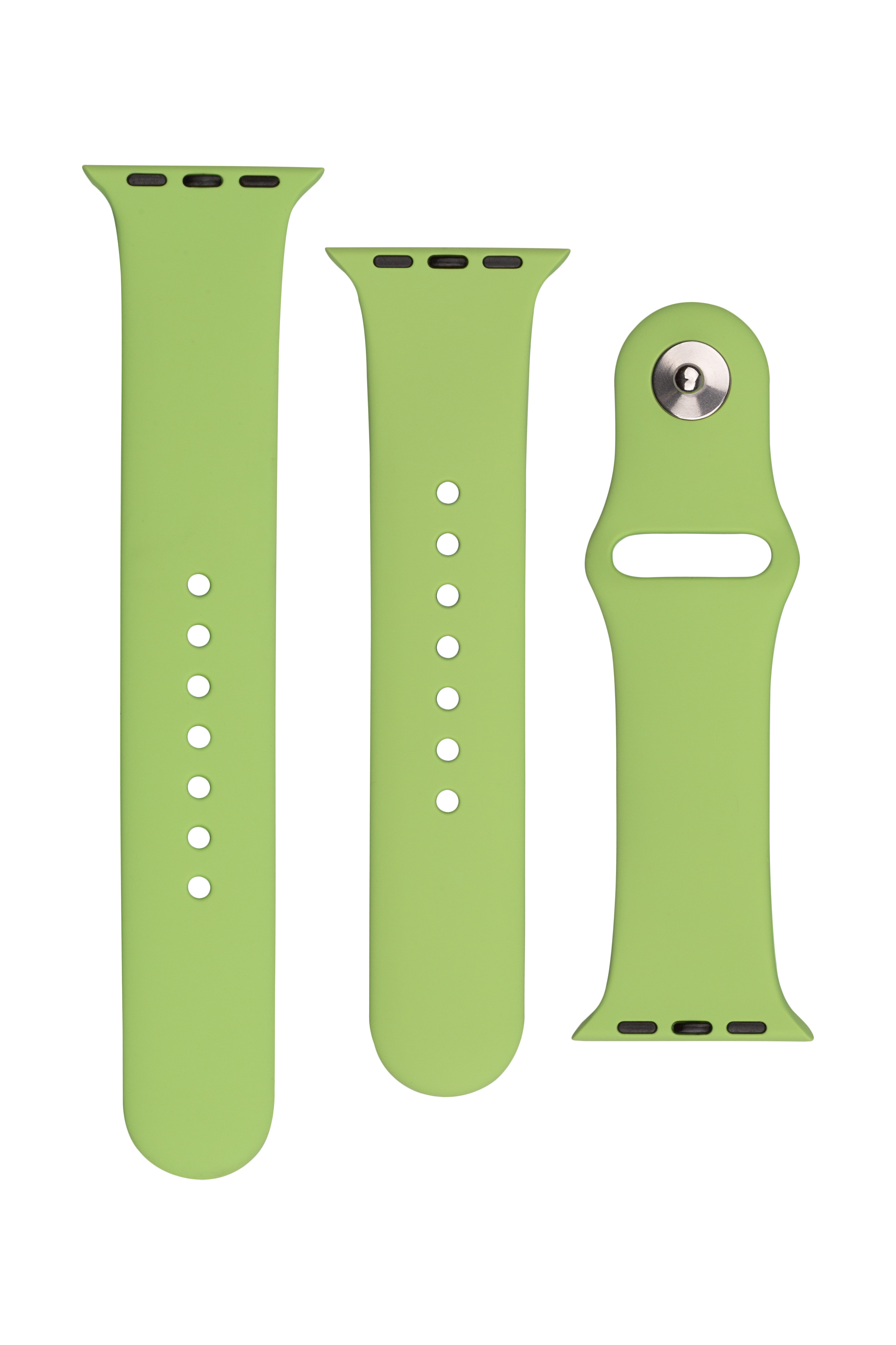 Drei hellgrüne Silikon-Smartwatch-Armbänder liegen flach auf einem weißen Hintergrund.