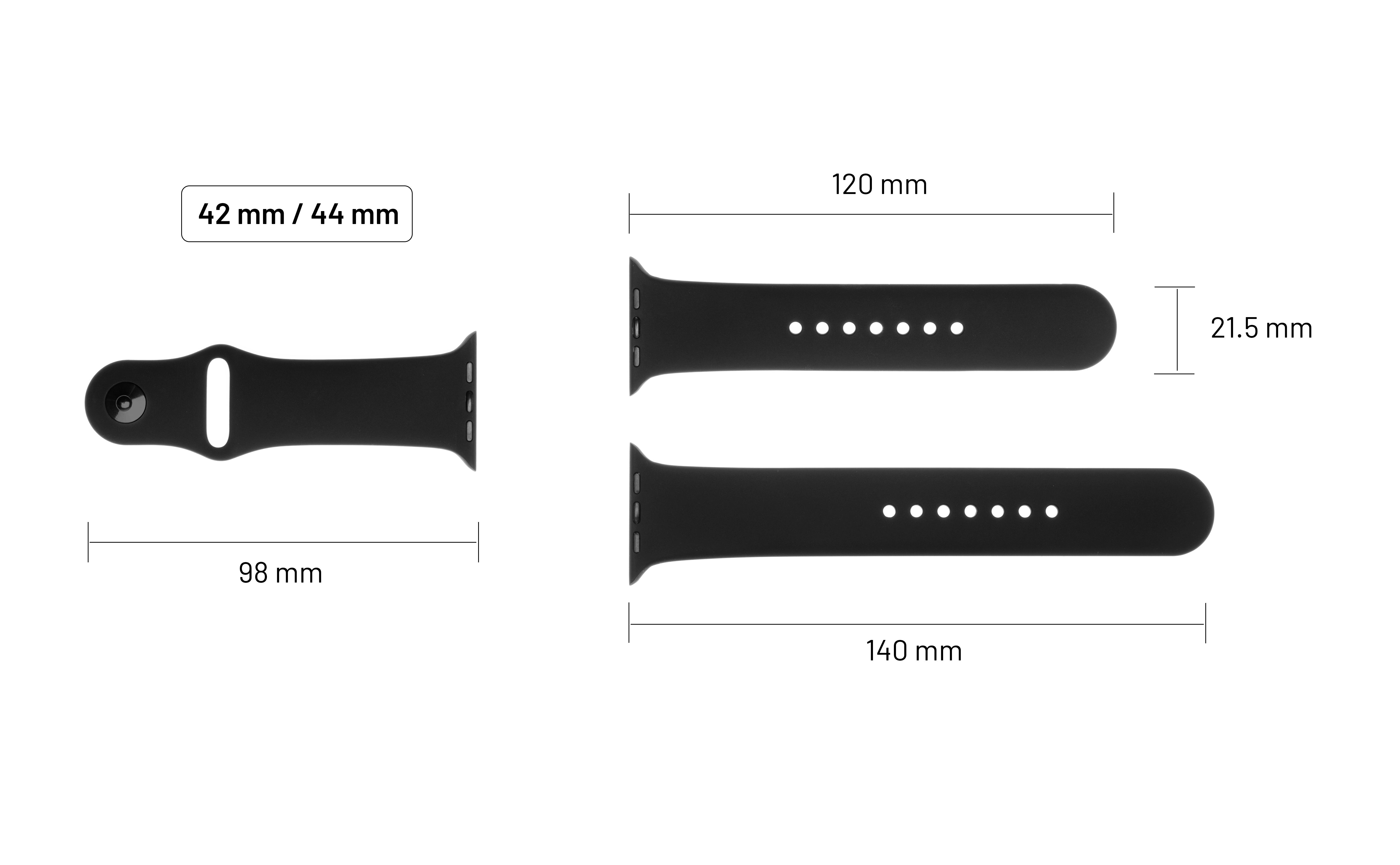 Schwarzes Uhrenarmband mit Maßen für 42 mm und 44 mm.
