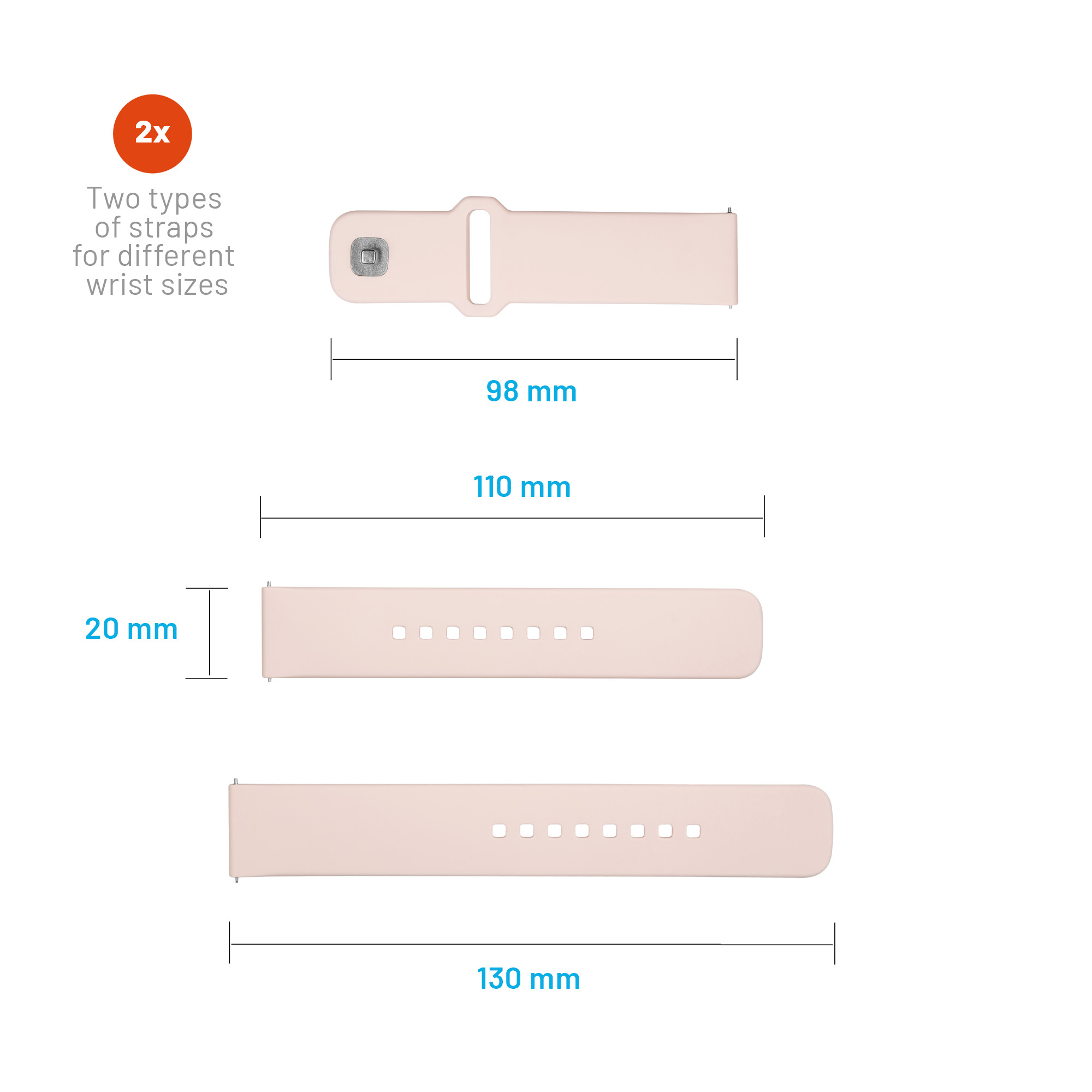 Diagrama que muestra dos correas de reloj rosadas de diferentes longitudes con medidas.