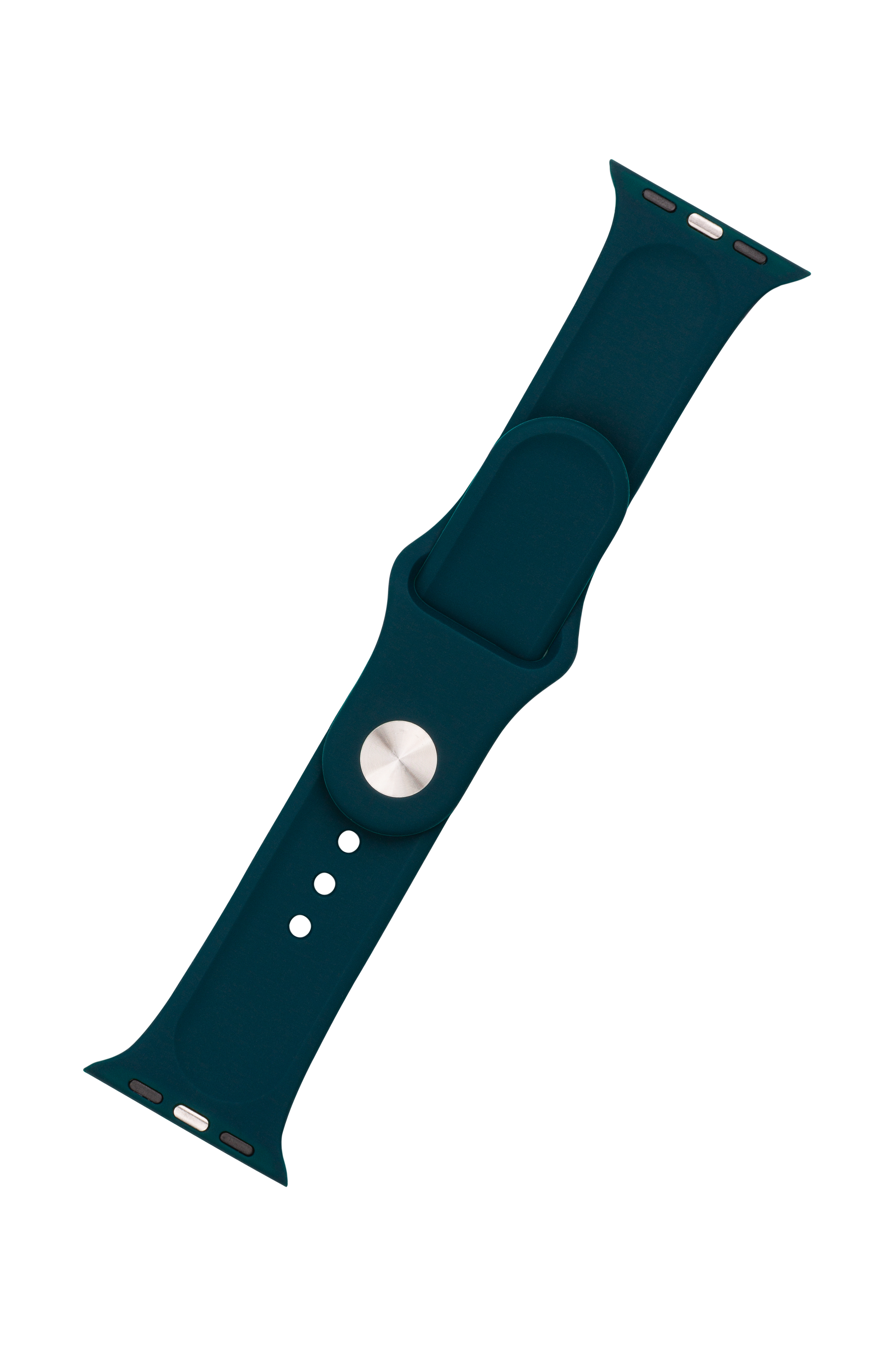 Ein dunkelgrünes Silikon-Smartwatch-Armband mit silbernem Pin-Verschluss auf weißem Hintergrund.