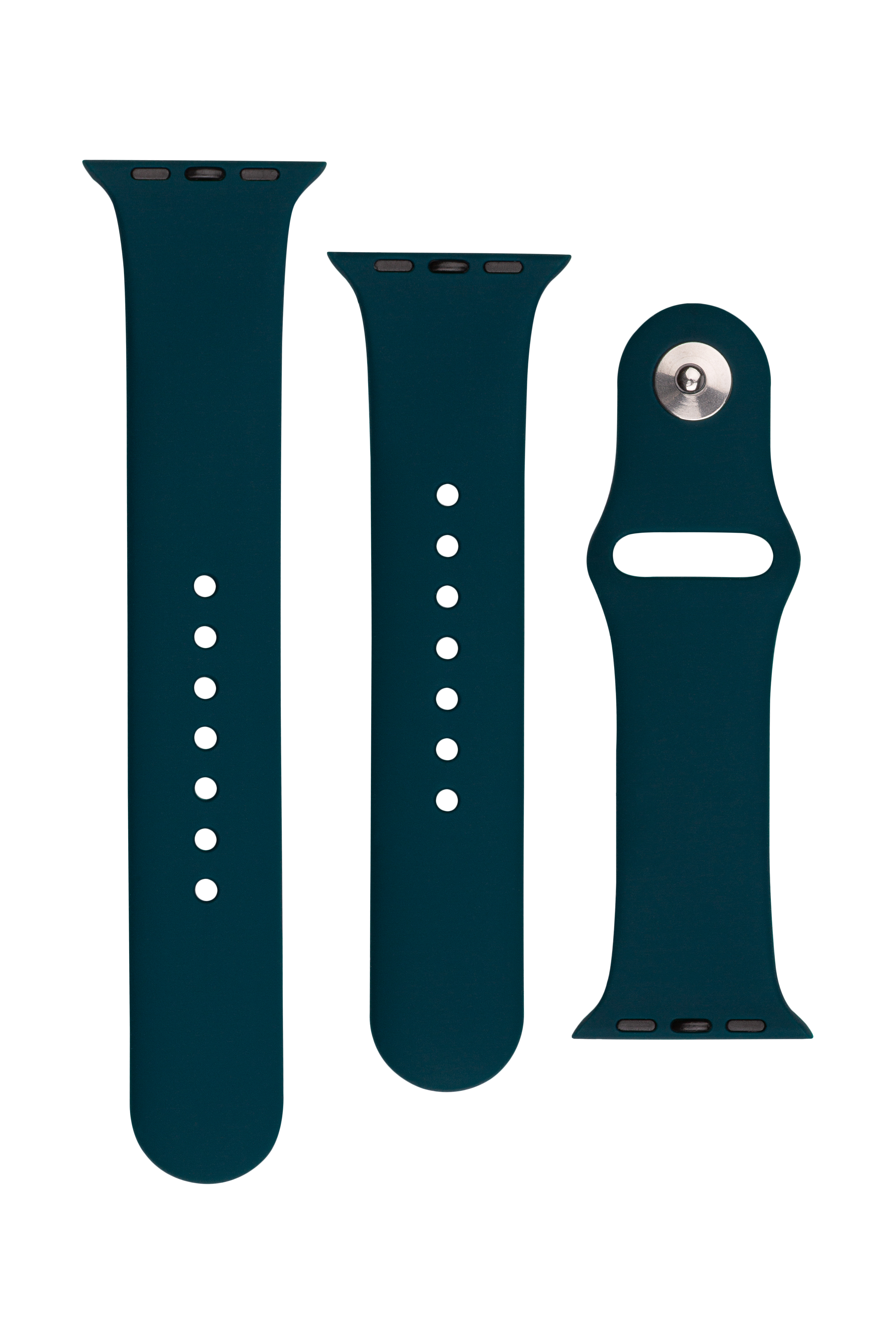 Drei dunkelgrüne Silikon-Smartwatch-Armbandteile auf weißem Grund, darunter zwei Längenbänder und eine Schließe.