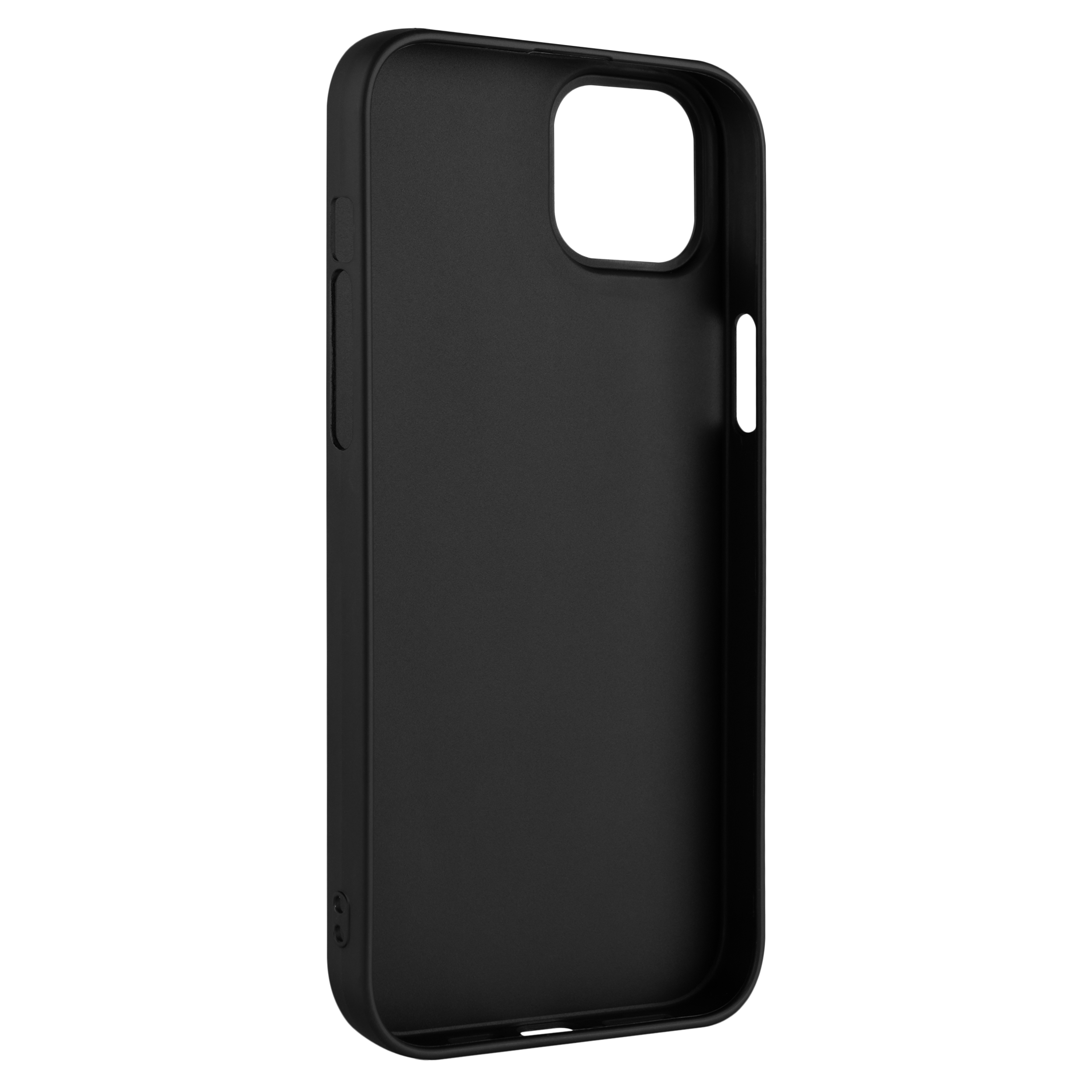 Eine einfache schwarze Smartphone-Hülle mit präzisen Aussparungen für Kamera und Tasten vor weißem Hintergrund.