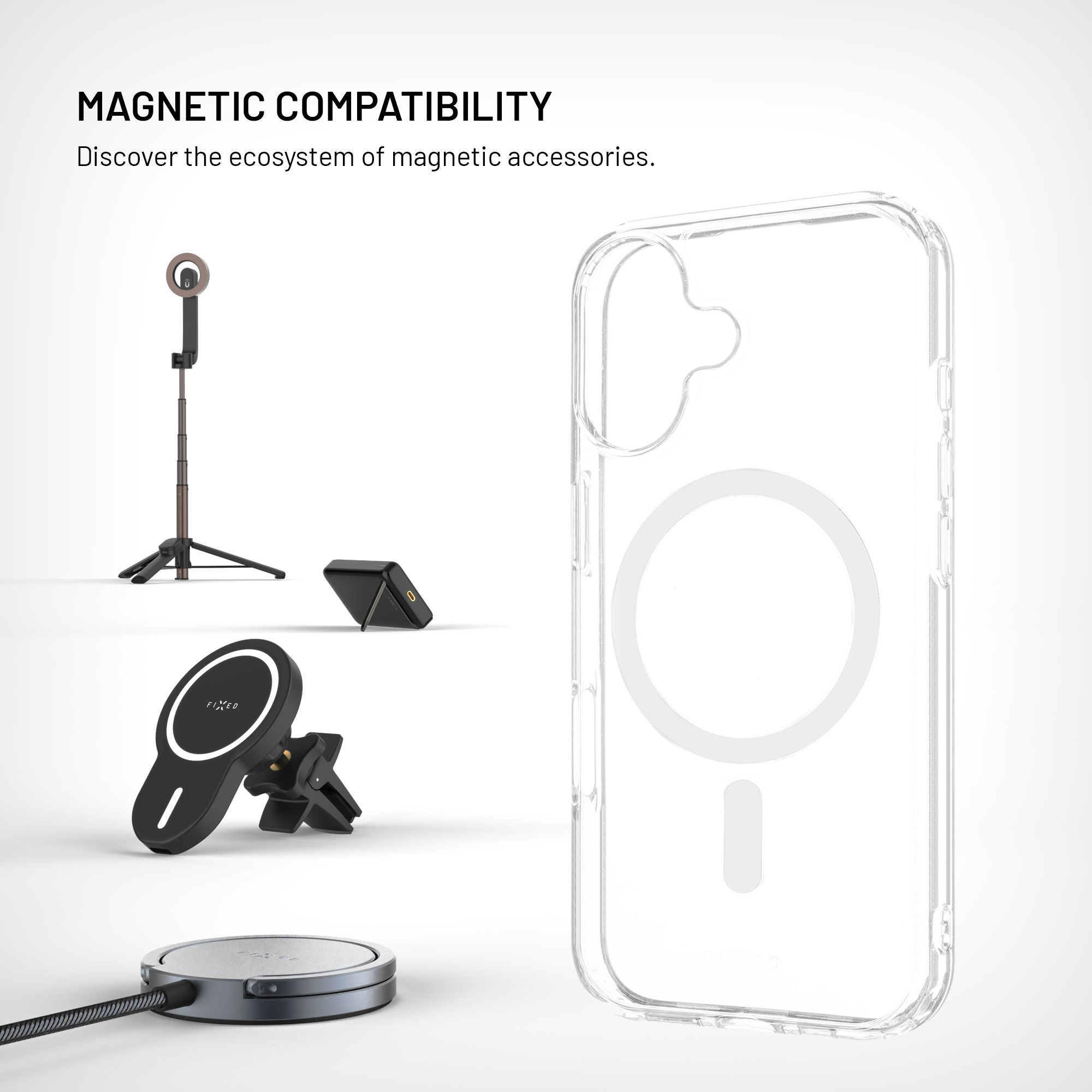 Transparente Handyhülle mit MagSafe-Kreis und magnetischem Zubehör auf weißem Hintergrund.